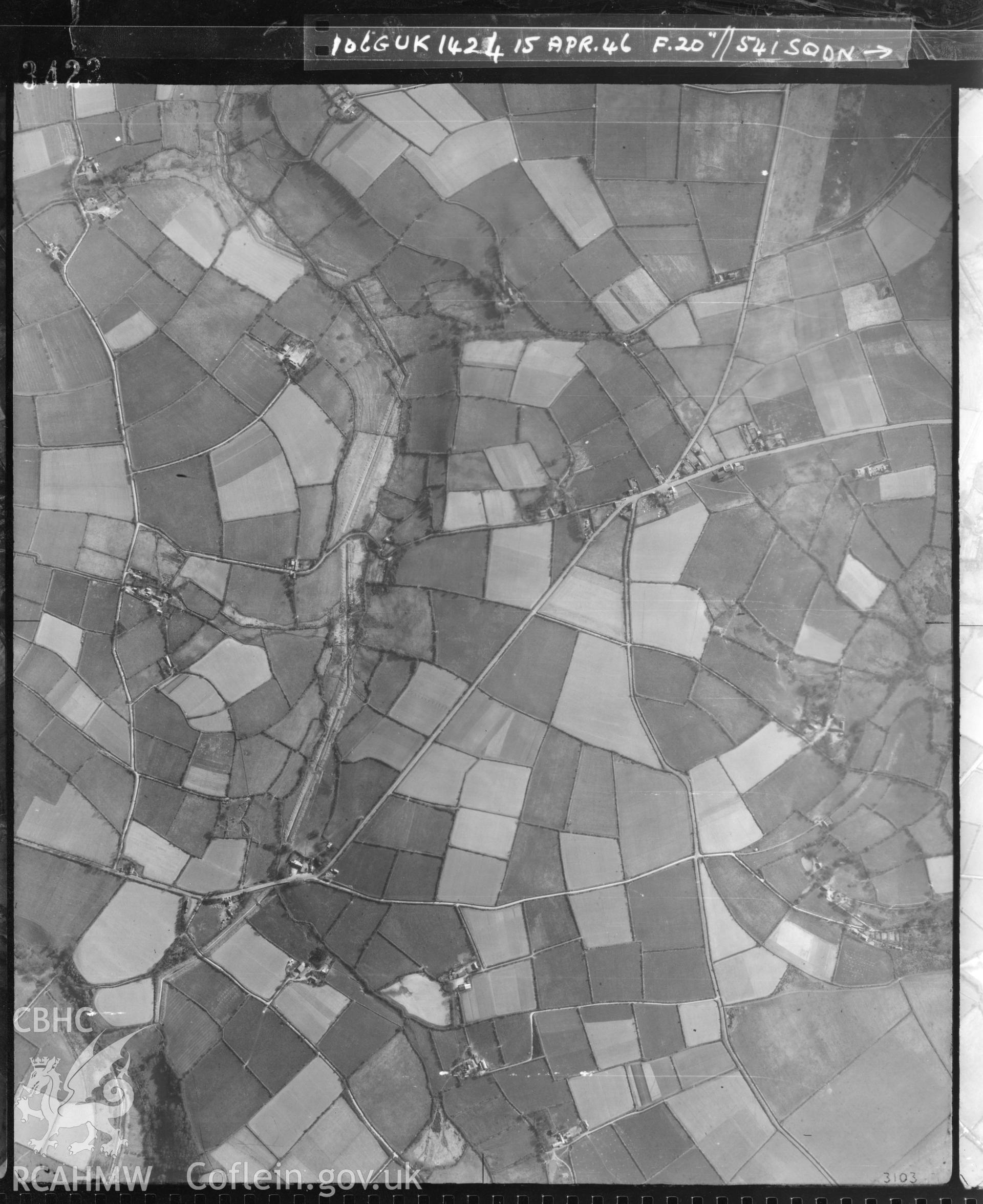 Black and white vertical aerial photograph taken by the RAF on 15/04/1946 centred on SN33525158 at a scale of 1:10000. The photograph includes part of Penbryn community in Ceredigion.