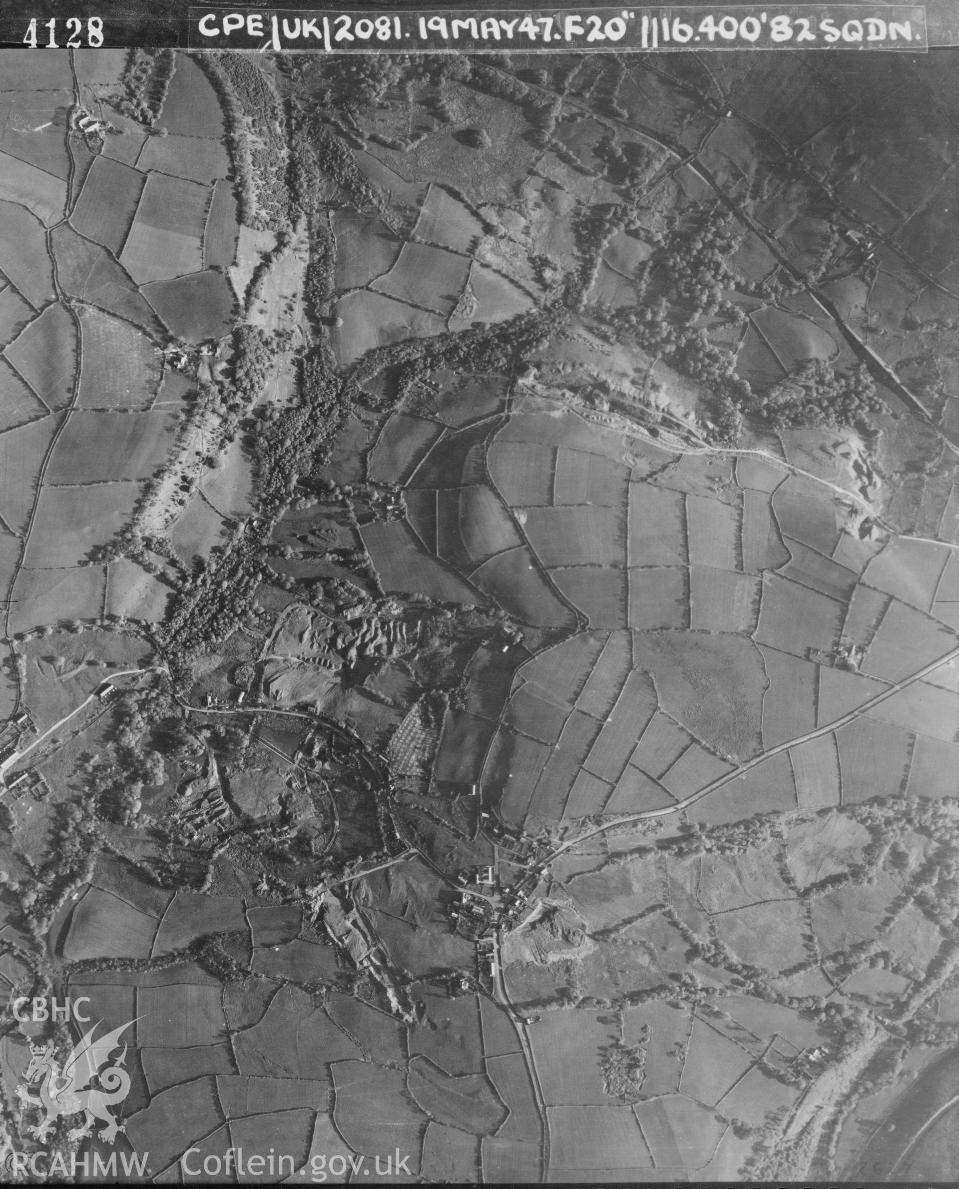Black and white vertical aerial photograph taken by the RAF on 19/05/1947 centred on SS88318682 at a scale of 1:10000. The photograph includes part of Llangynwyd Lower community in Bridgend.