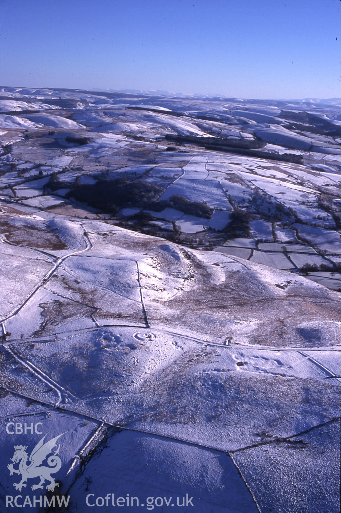 RCAHMW colour slide oblique aerial photograph of a winter landscape at Careg Y Bwci, taken on 19/12/1999 by Toby Driver