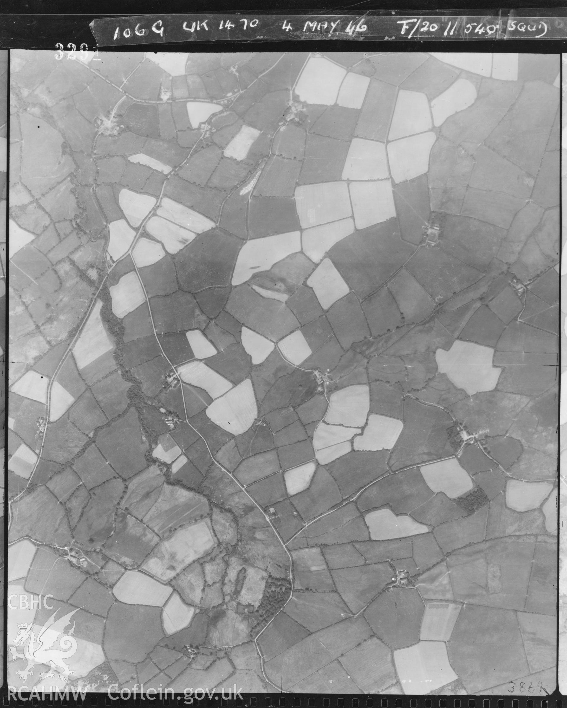 Black and white vertical aerial photograph taken by the RAF on 04/05/1946 centred on SN59555540 at a scale of 1:10000. The photograph includes part of Nantcwnlle community in Ceredigion.