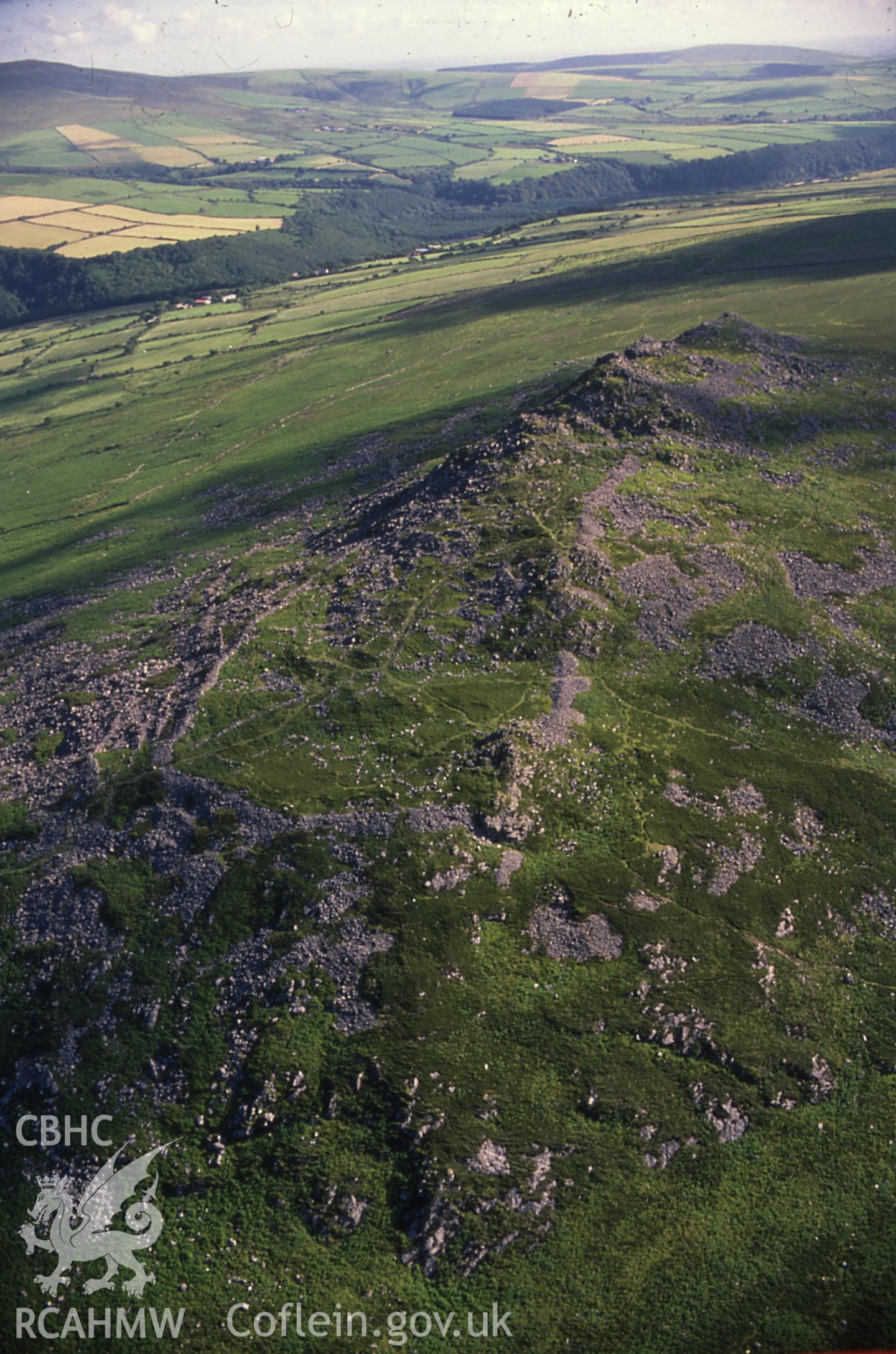 Slide of RCAHMW colour oblique aerial photograph of Carn Ingli Camp, taken by C.R. Musson, 11/7/1991.