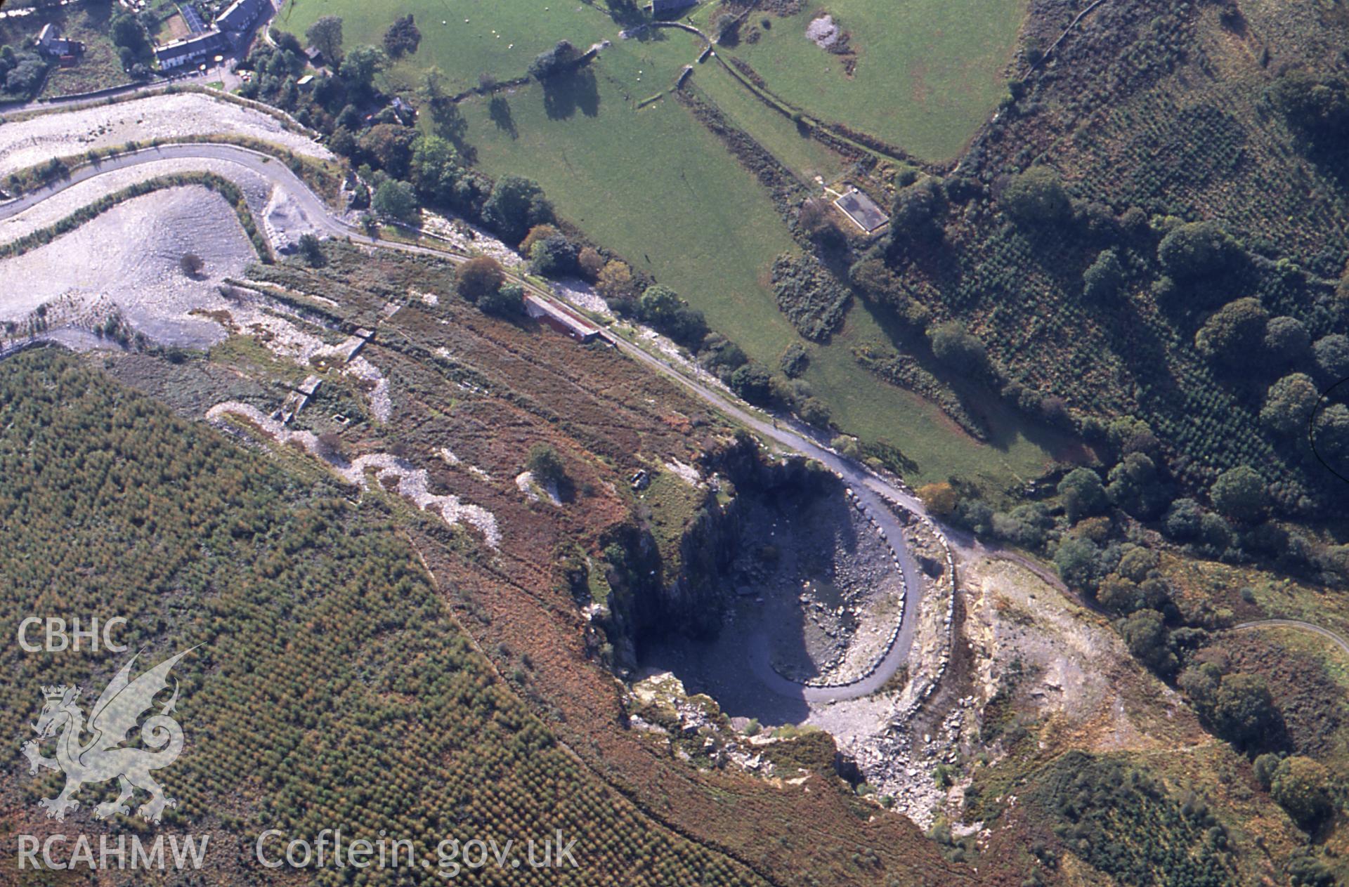 RCAHMW colour slide oblique aerial photograph of Abercwmeiddaw Slate Quarry, Corris, taken by C.R. Musson, 09/10/94