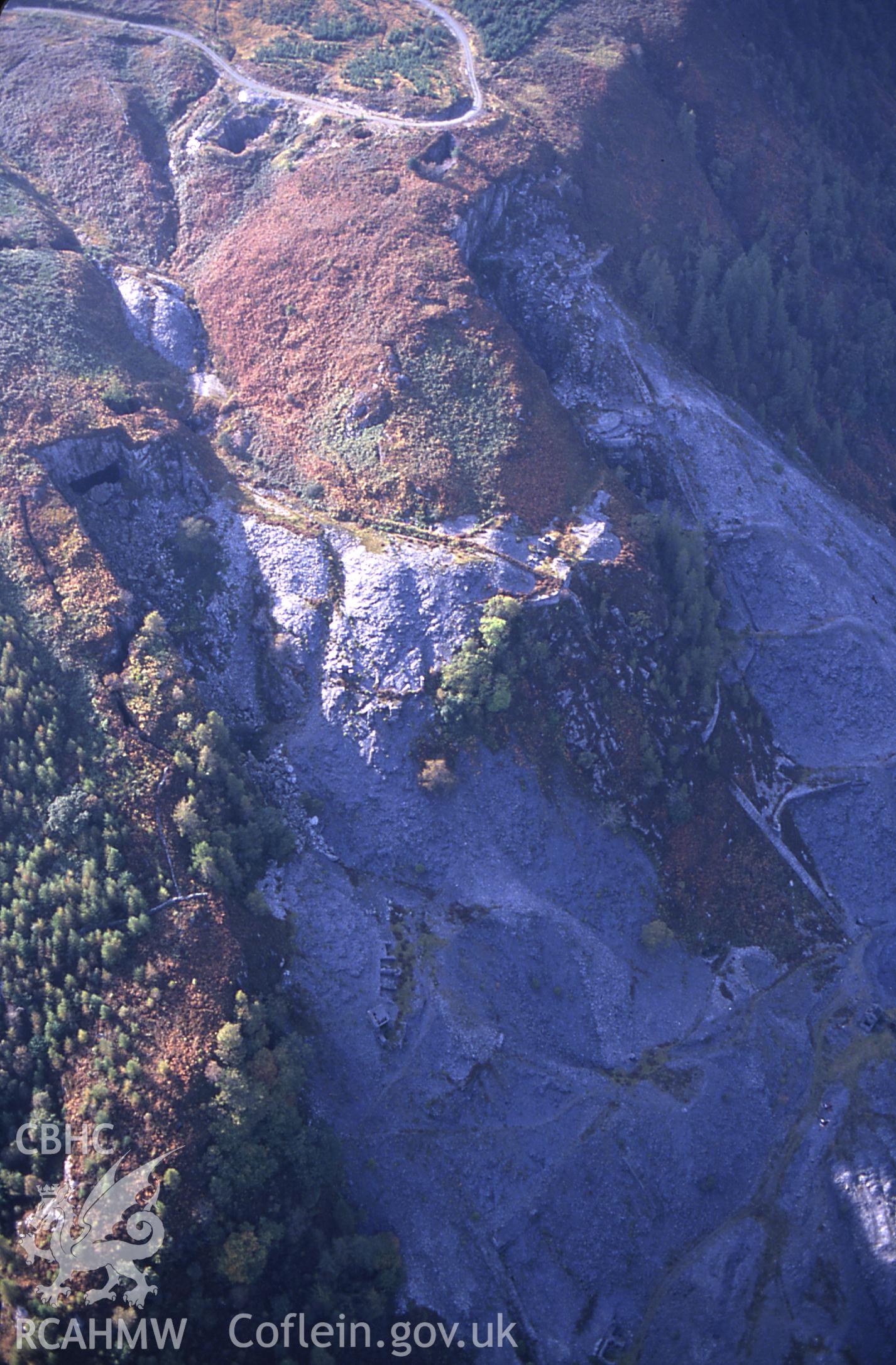 RCAHMW colour slide oblique aerial photograph of Aberllefenni Slate Quarry, Corris, taken by C.R. Musson, 09/10/94