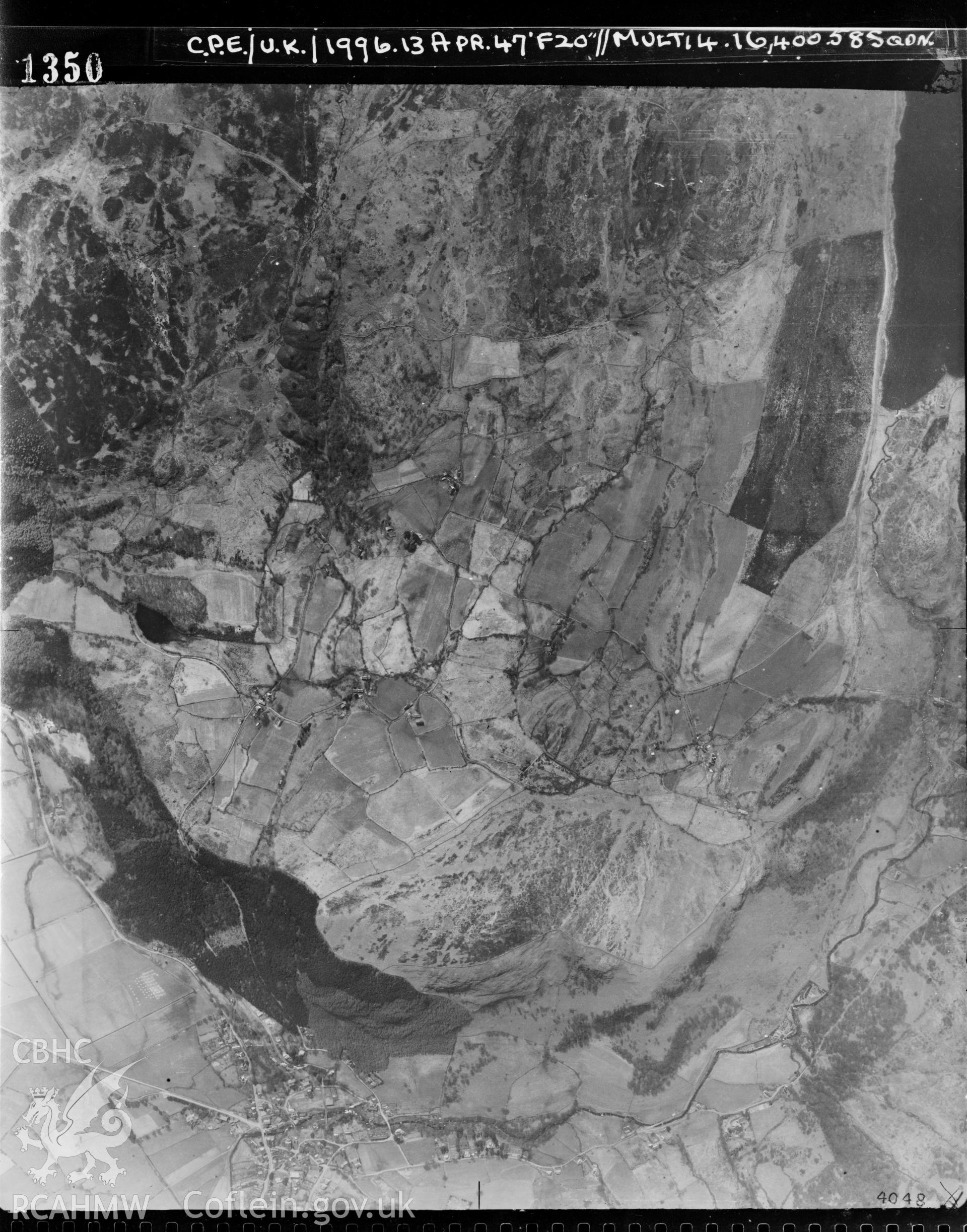Black and white vertical aerial photograph taken by the RAF on 13/04/1947 centred on SH77366231 at a scale of 1:10000. The photograph includes part of Trefriw community in Conwy.