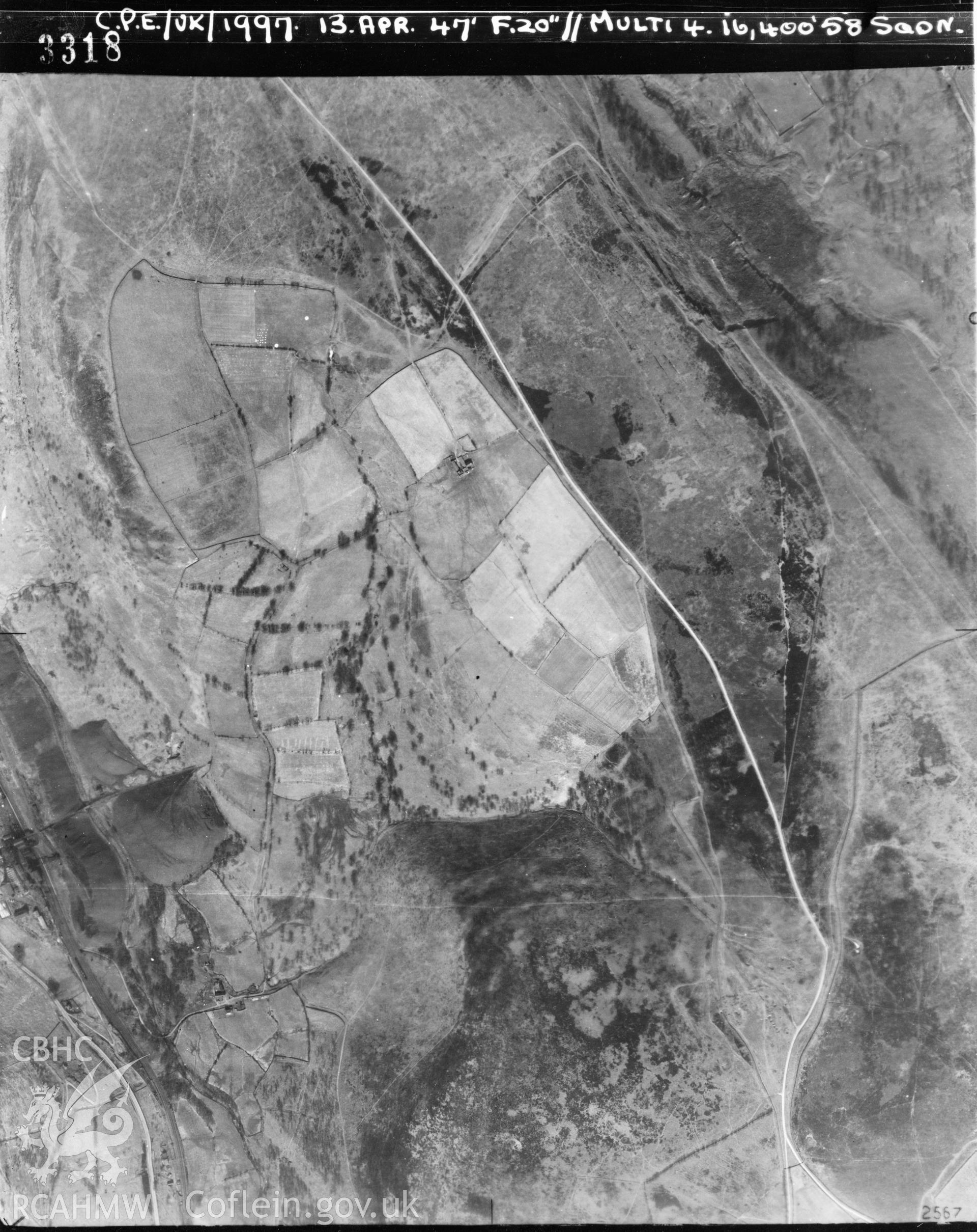 Black and white vertical aerial photograph taken by the RAF on 13/04/1947 centred on SO17030483 at a scale of 1:10000. The photograph includes part of Argoed community in Caerphilly.