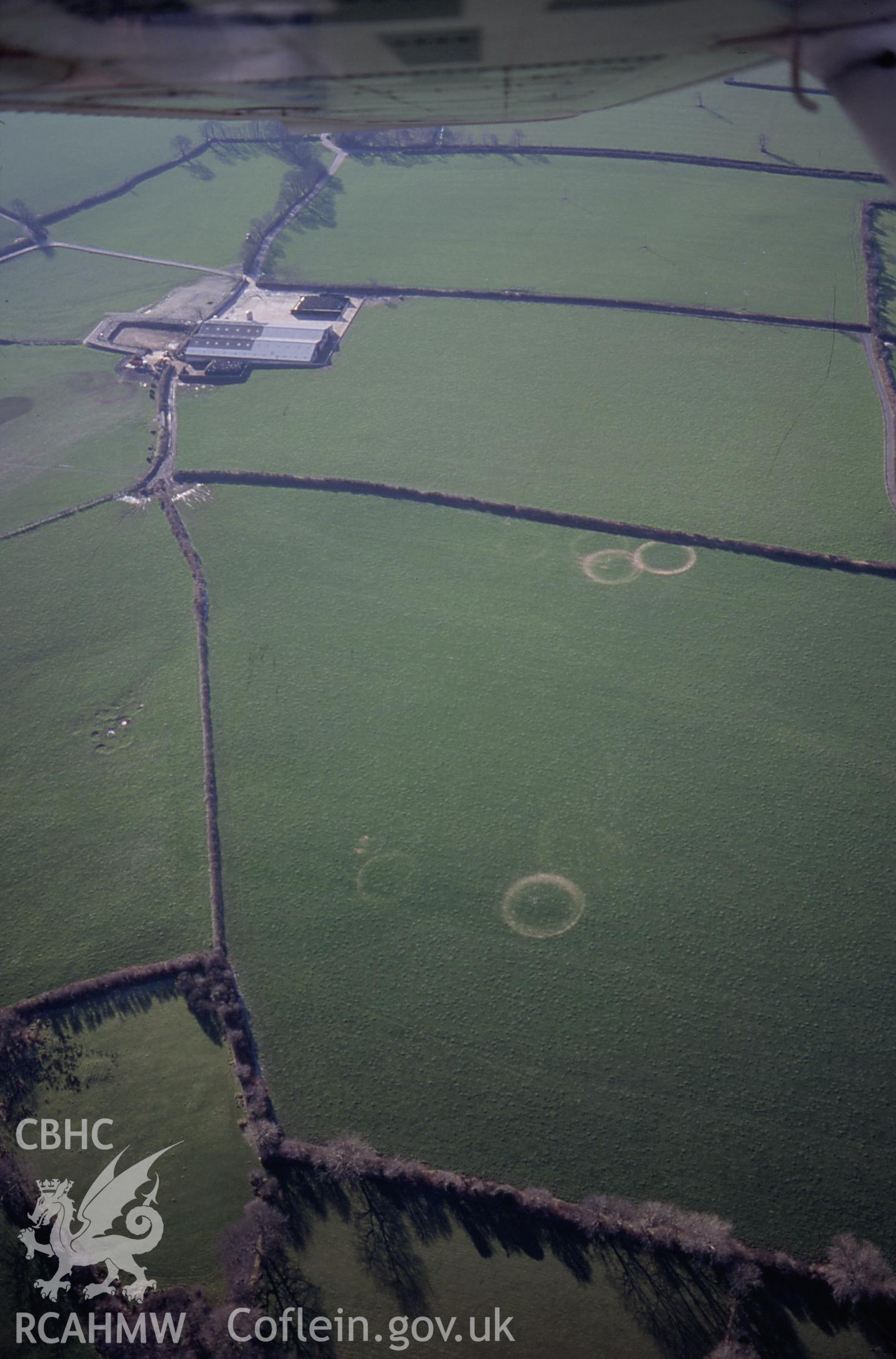 RCAHMW colour slide oblique aerial photograph of irrigation marks at The West Farm, Wiston, taken on 27/01/1998 by Toby Driver