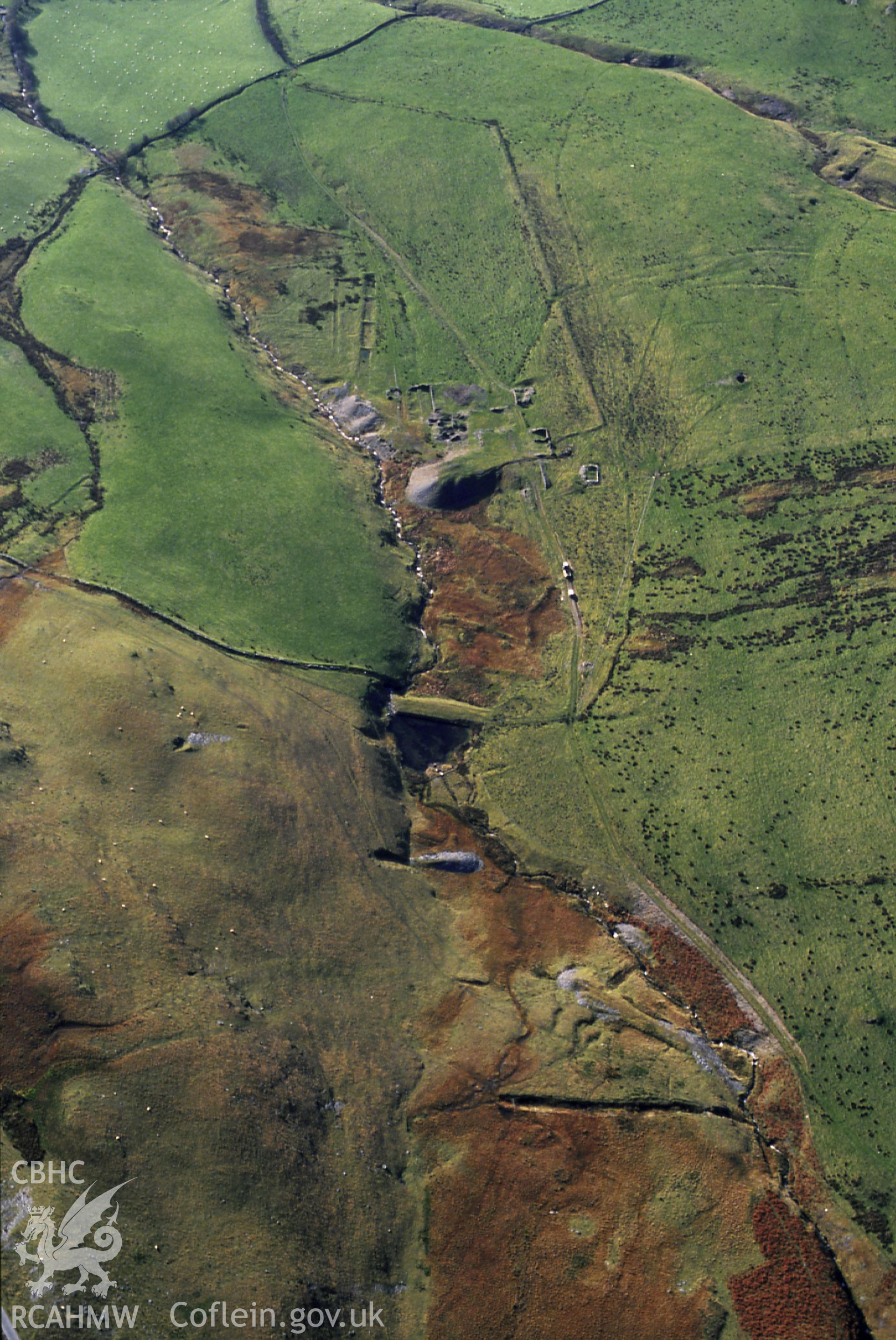 RCAHMW colour slide oblique aerial photograph of Blaen Ceulan Lead Mine, Ceulanamaesmawr, taken on 30/10/1992 by CR Musson