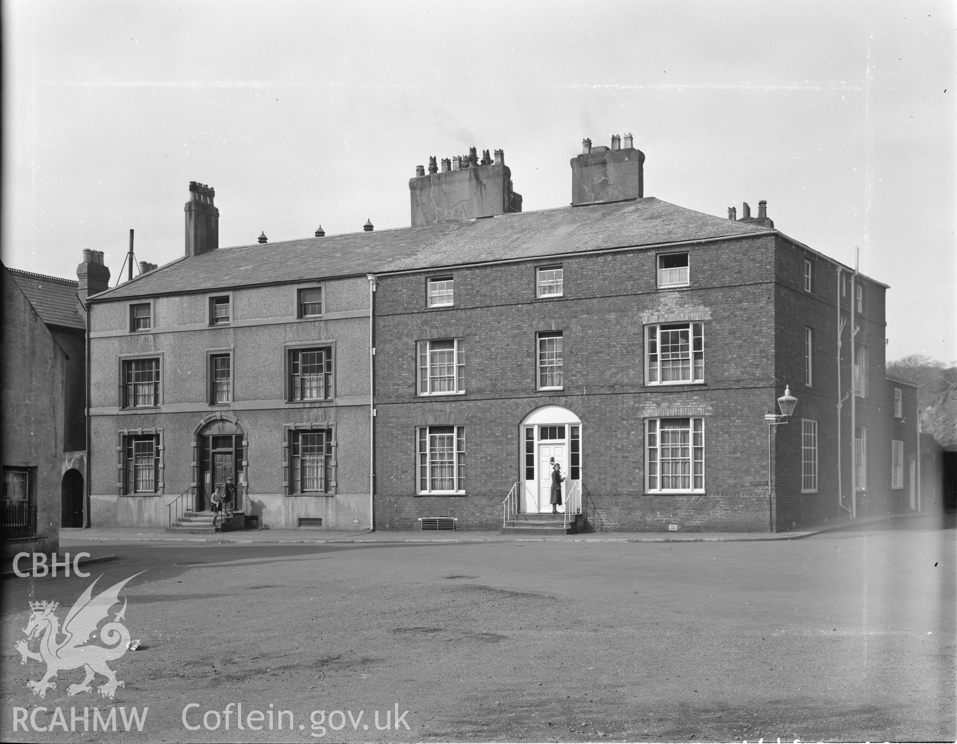 Black and white photograph of a pair of houses on Castle Street, Beaumaris.
