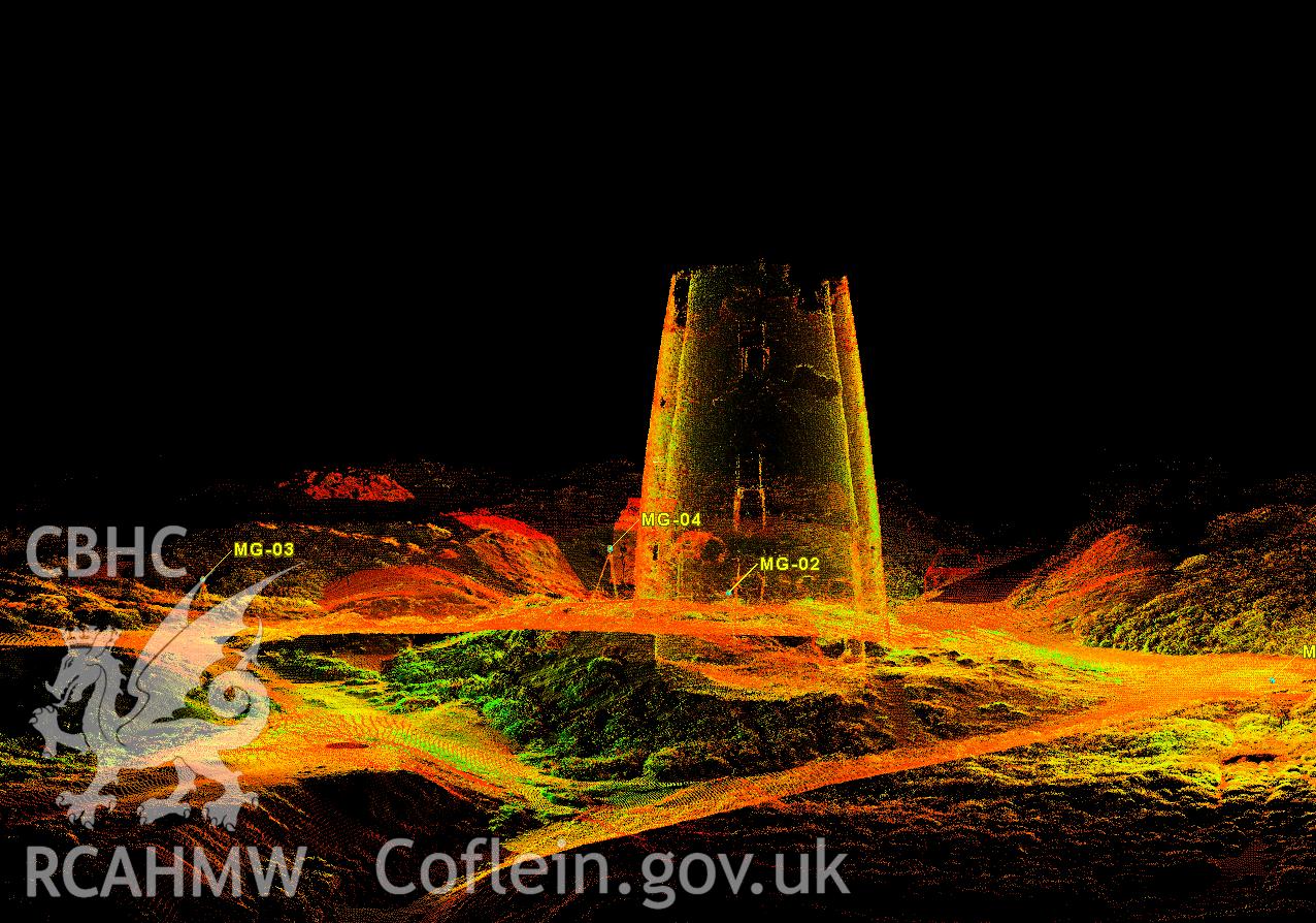 A still, generated from point cloud data, of the exterior, from a RCAHMW laser scan survey of the interior and exterior of the Parys Mountain Windmill. Carried out by Susan Fielding, 12/06/2000.