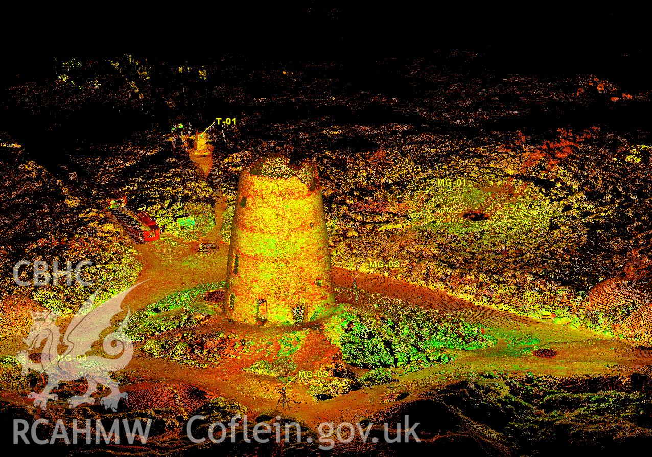 A still, generated from point cloud data, of the exterior, from a RCAHMW laser scan survey of the interior and exterior of the Parys Mountain Windmill. Carried out by Susan Fielding, 12/06/2000.