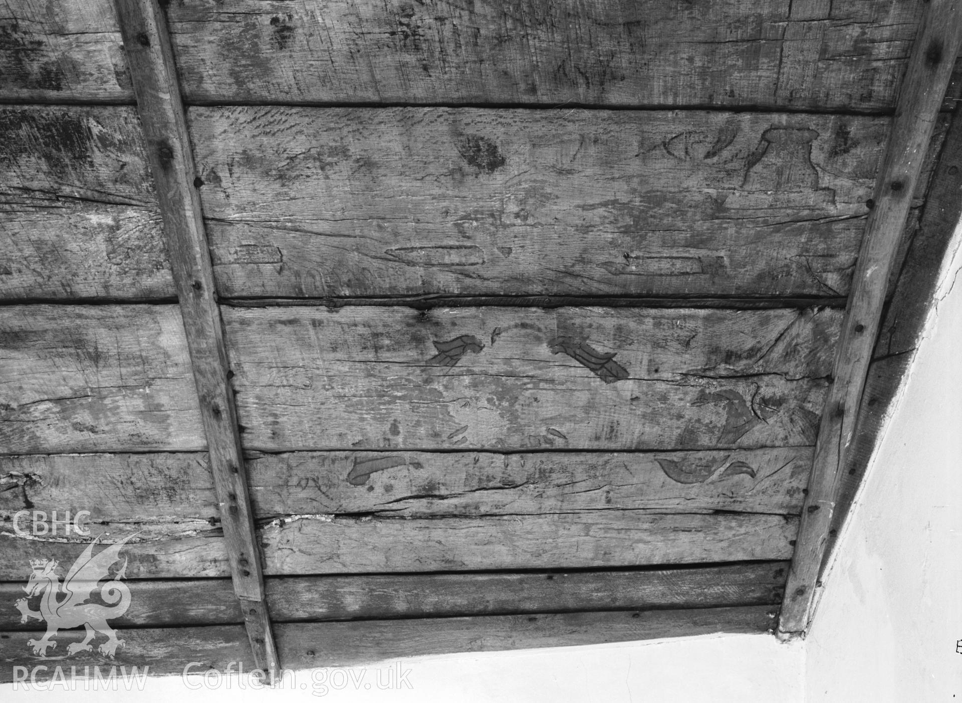 Interior: painted roof timbers over chancel