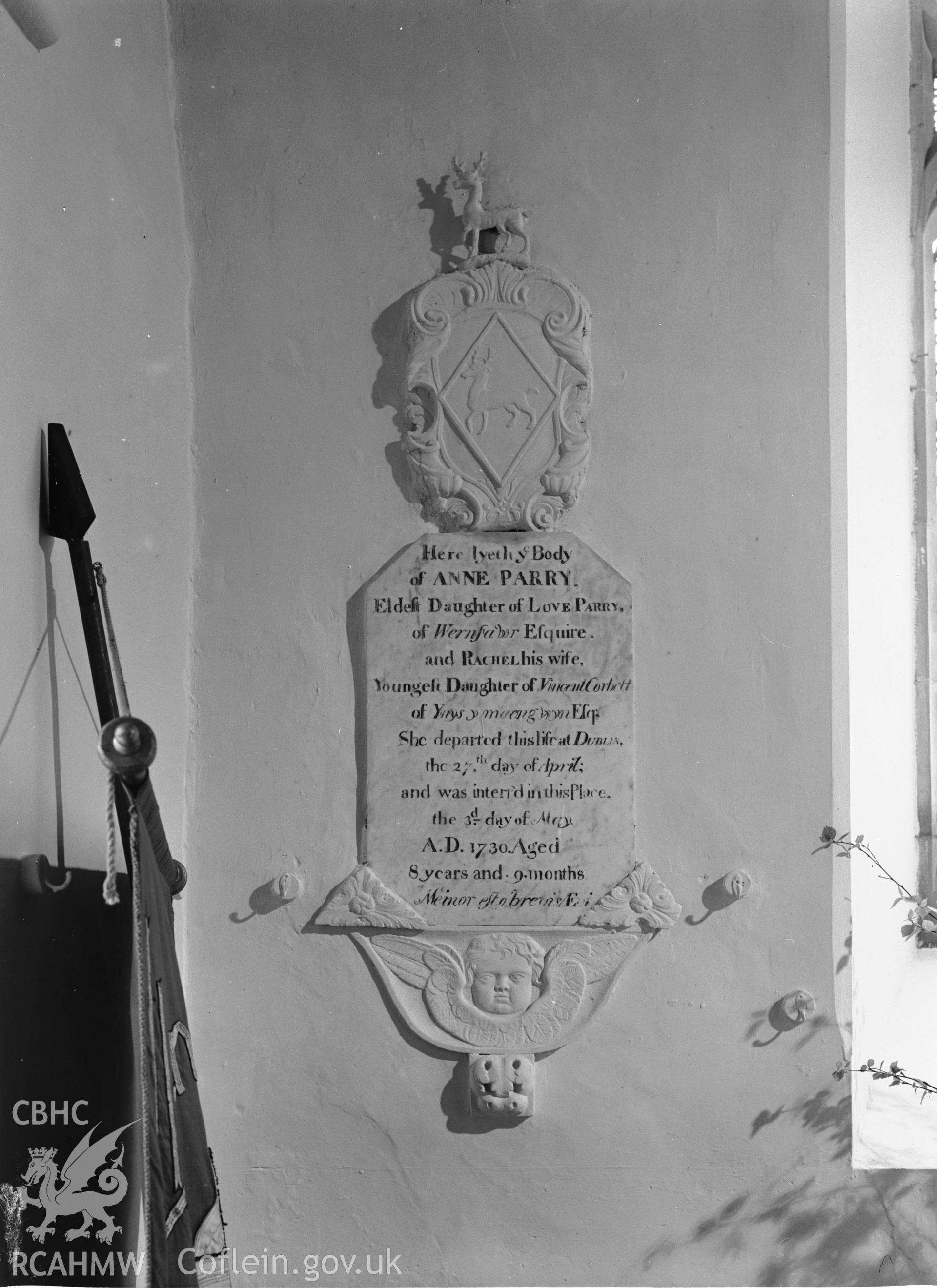 Interior view showing memorial to Anne Parry.