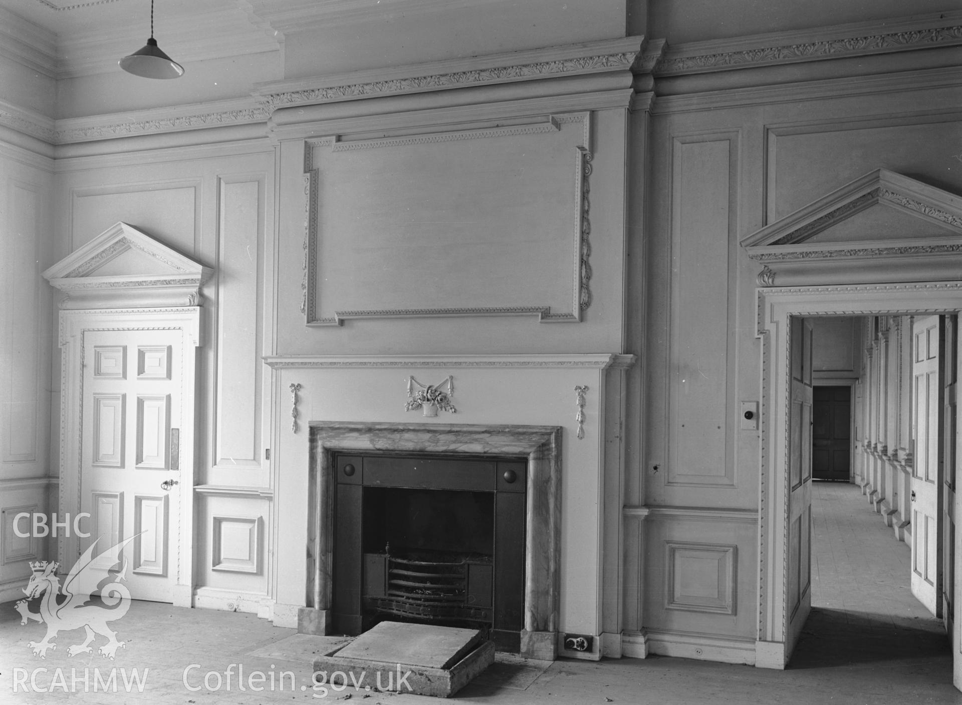 Interior view, fireplace in library
