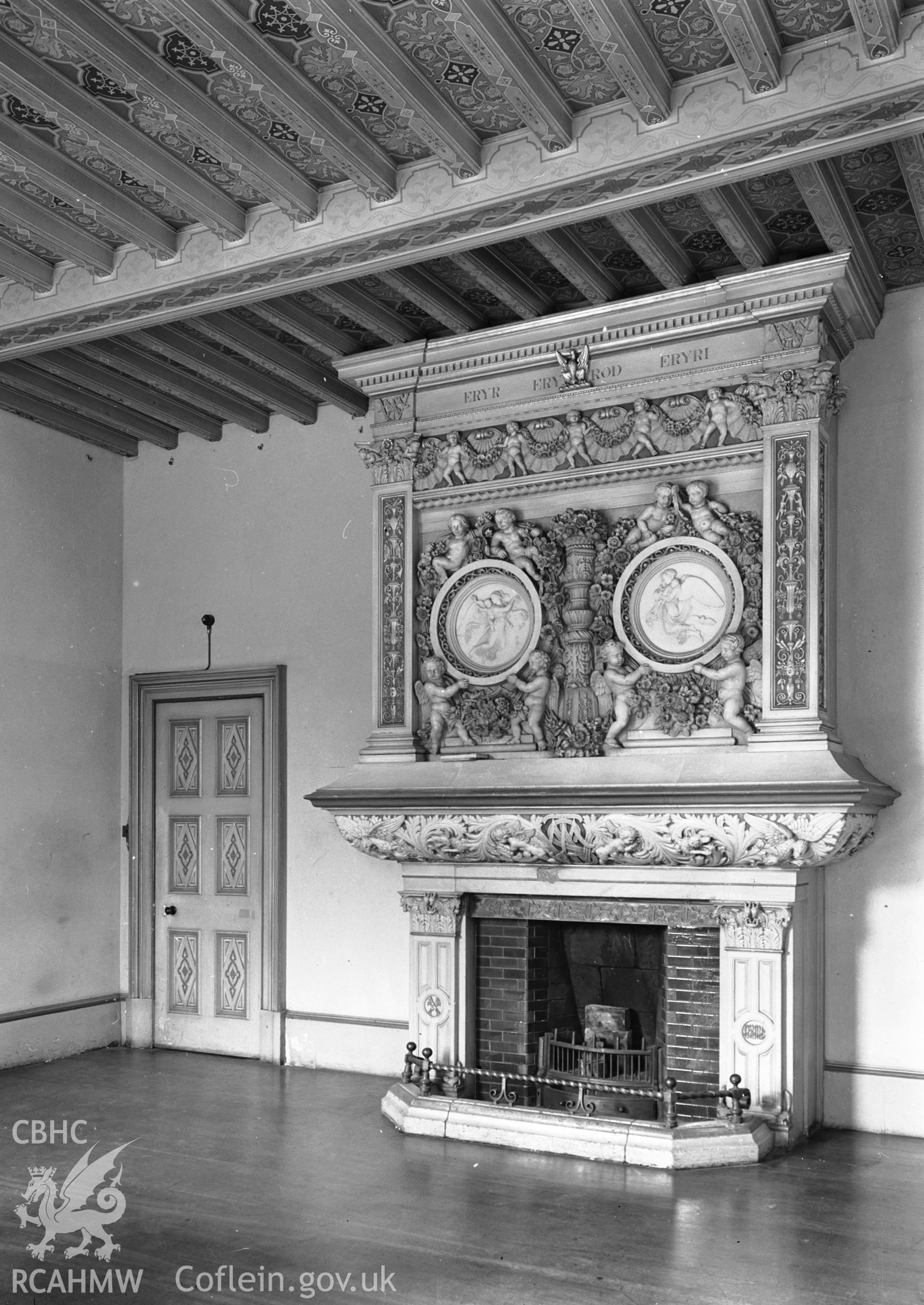 Interior: NE room fireplace and painted ceiling