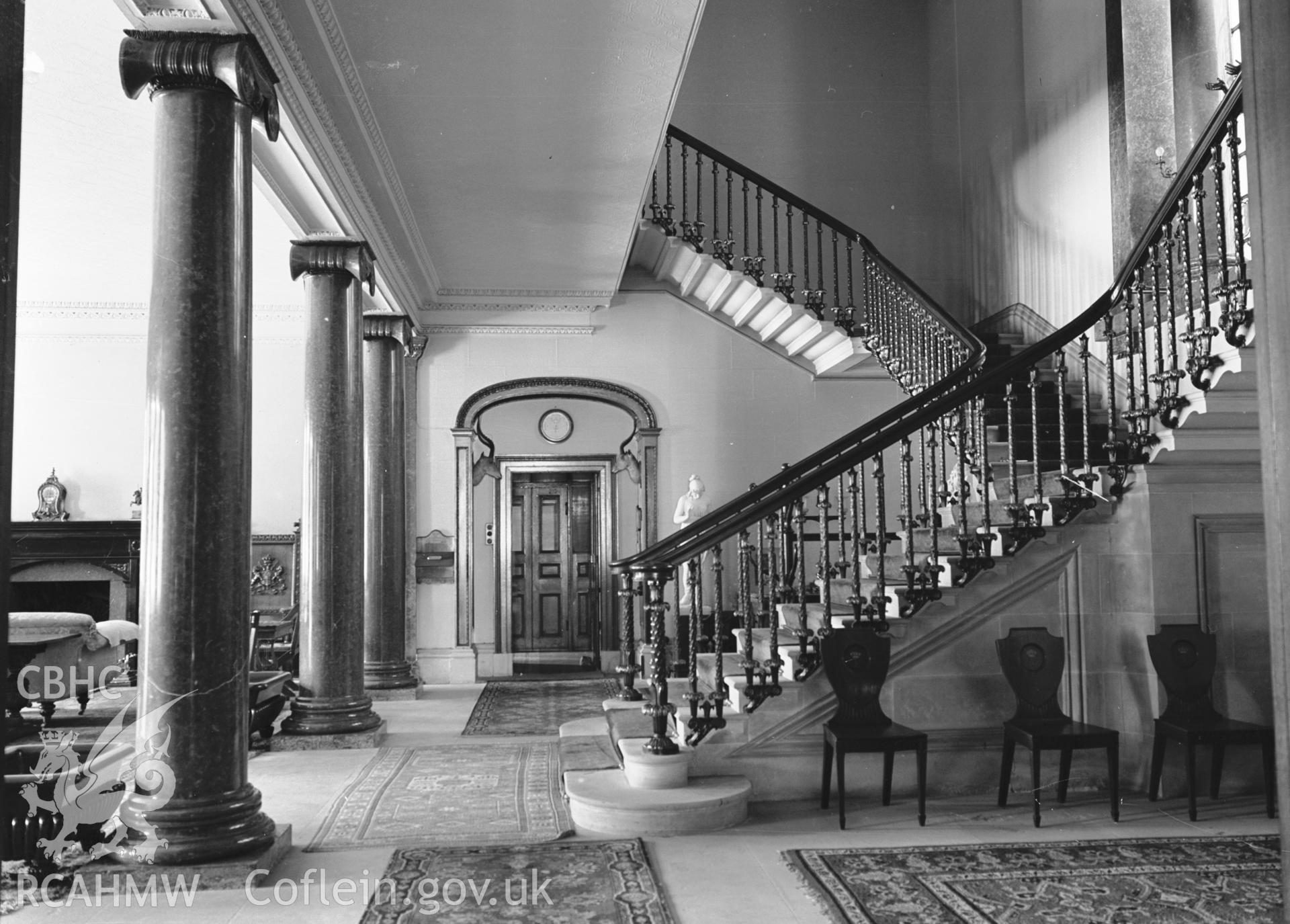 Interior view showing entrance hall and staircase at Glynllifon Hall