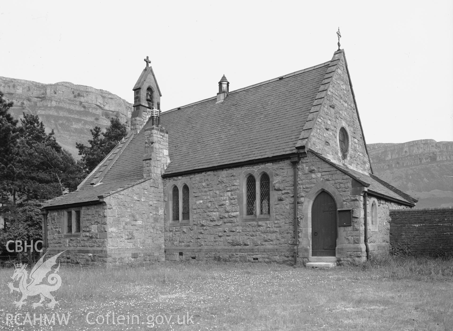 A black and white print showing St Mary Mission Church, Eglwyseg