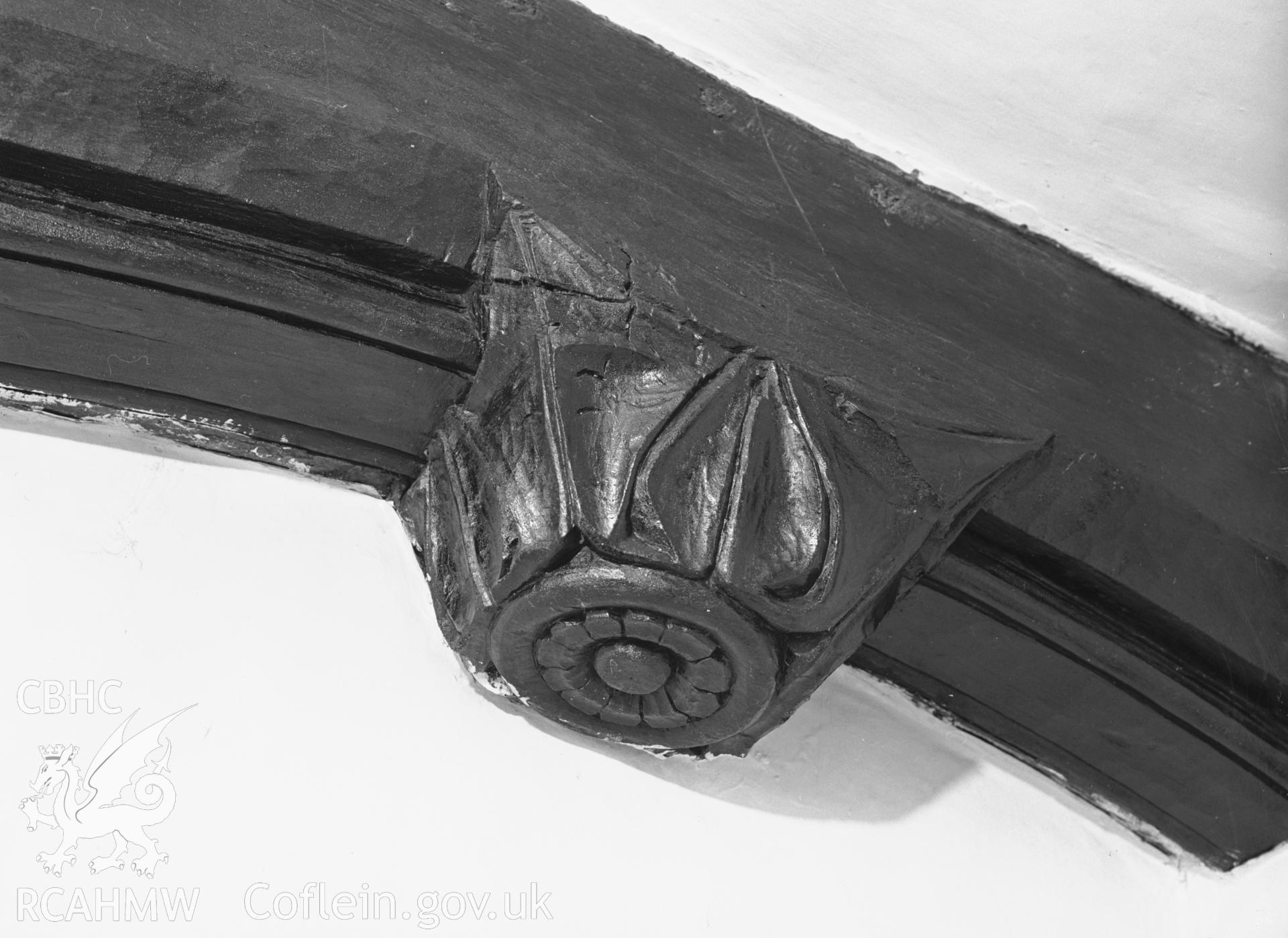 Interior: carved boss, one of a pair on 1st floor trusses