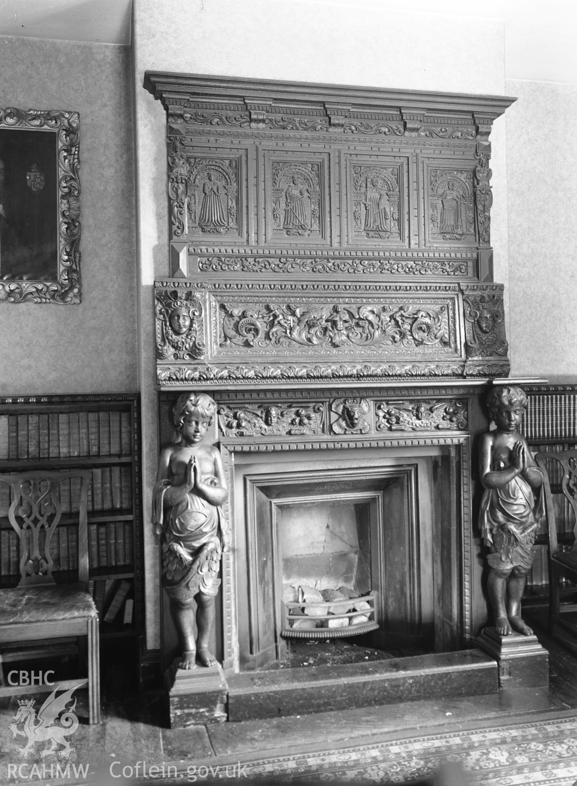 Interior view showing the fireplace in the dining room.