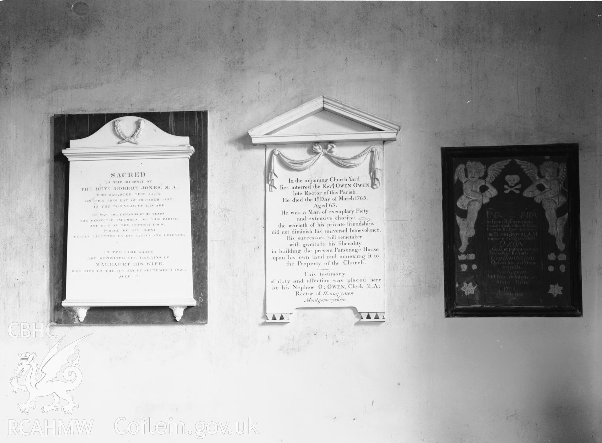 Interior view showing memorials to Robert Jones and Owen Jones.