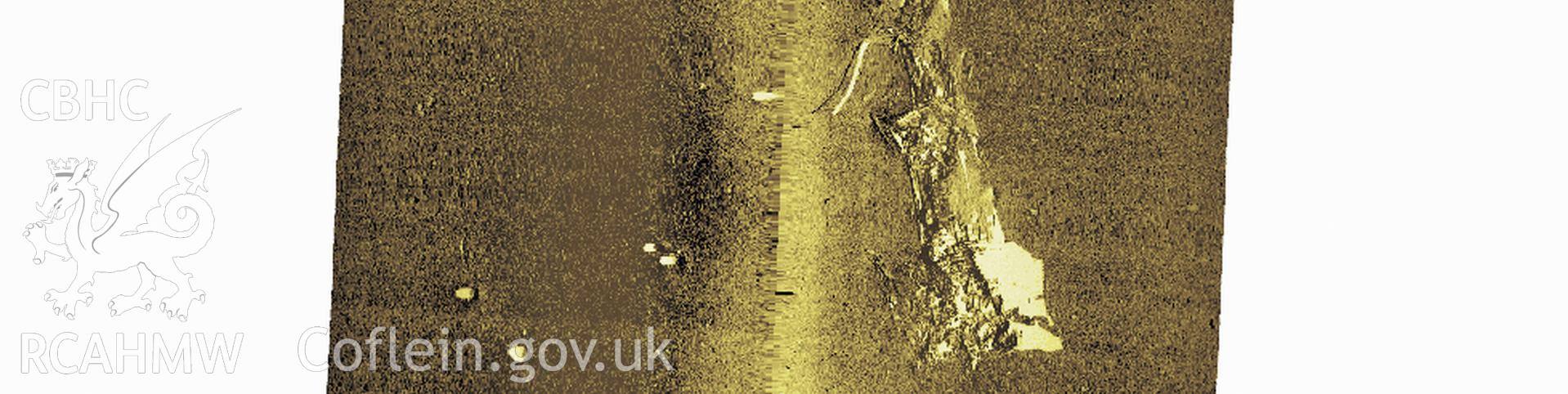 Side scan sonar images of the THOR gathered by Wessex Archaeology  and published in Wrecks off the Coast of Wales, November 2010, Report Ref No : 53111.02,  fig.18. The wreck lies orientated north-south.