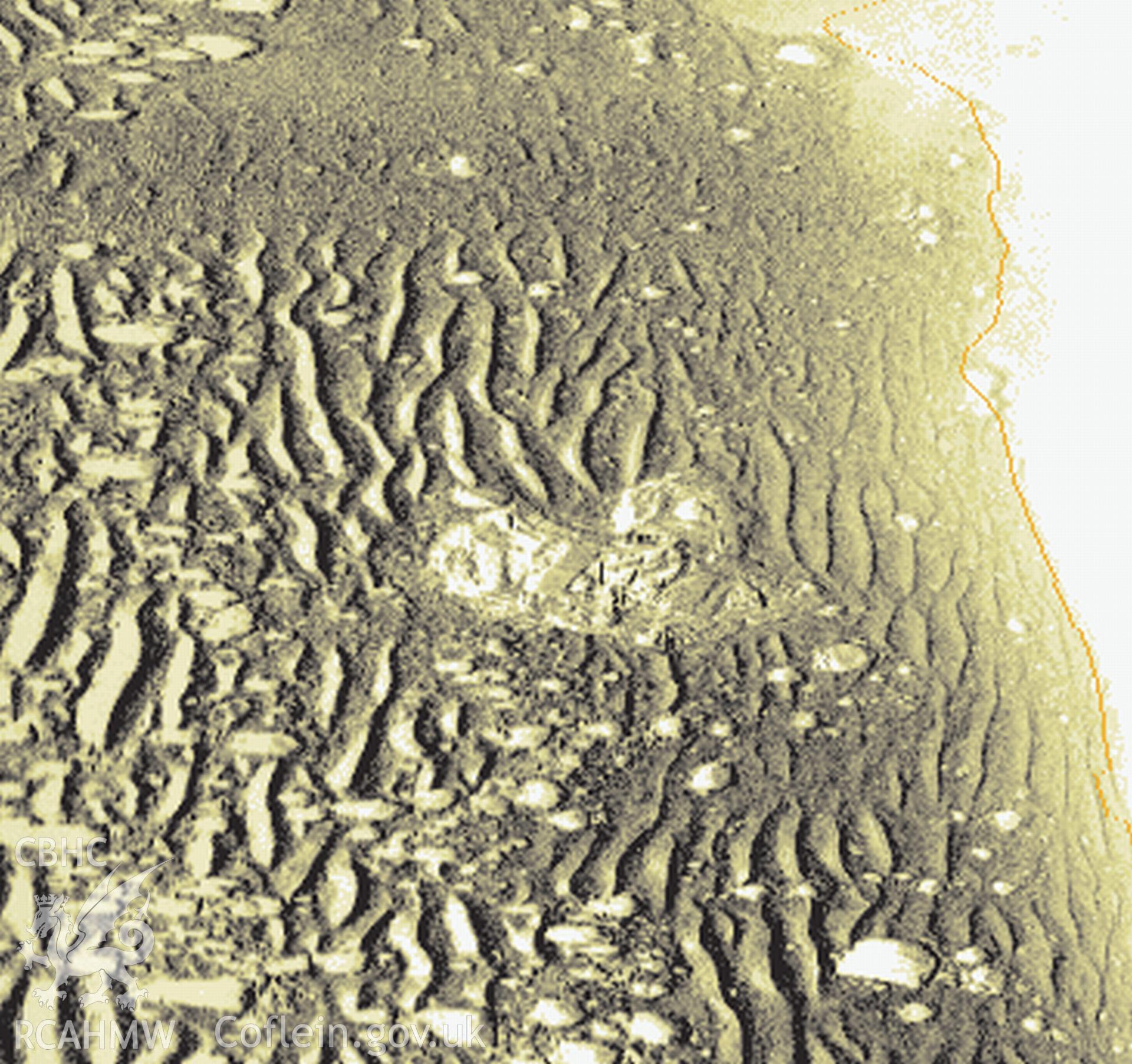 Side scan sonar of a wreck by Wessex Archaeology, published in Wrecks off the Coast of Wales, November 2010, Report Ref No : 53111.02, fig 24. The wreck comprising a mound of slate probably overlying the remains of the ship's wooden hull.