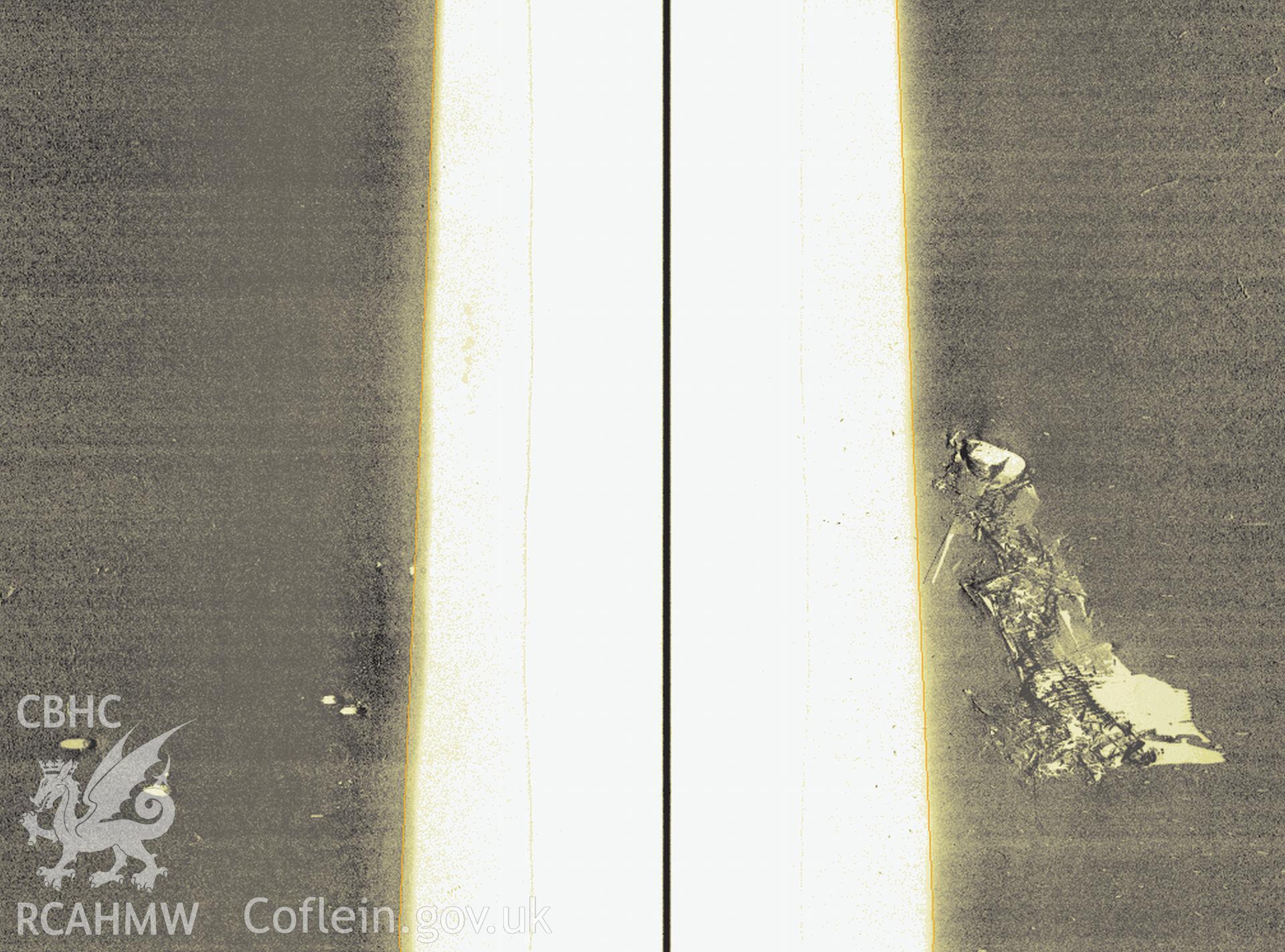 Side scan sonar images of the THOR gathered by Wessex Archaeology  and published in Wrecks off the Coast of Wales, November 2010, Report Ref No : 53111.02,  fig.18. Showing debris lying to the west.