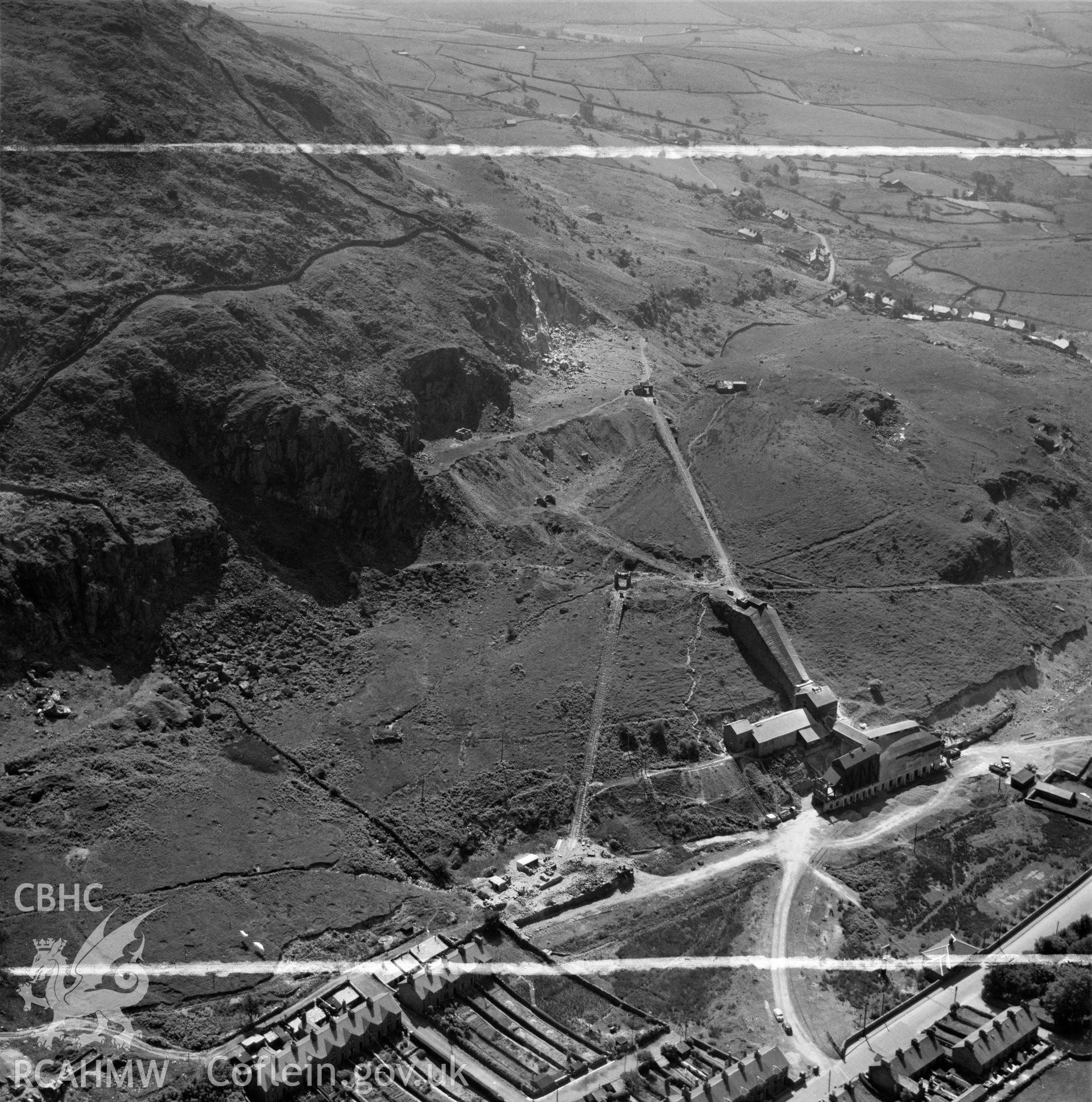 View of Madoc quarry, Blaenau Ffestiniog, commissioned by Cawood Wharton & Co. Ltd.. Oblique aerial photograph, 5?" cut roll film.