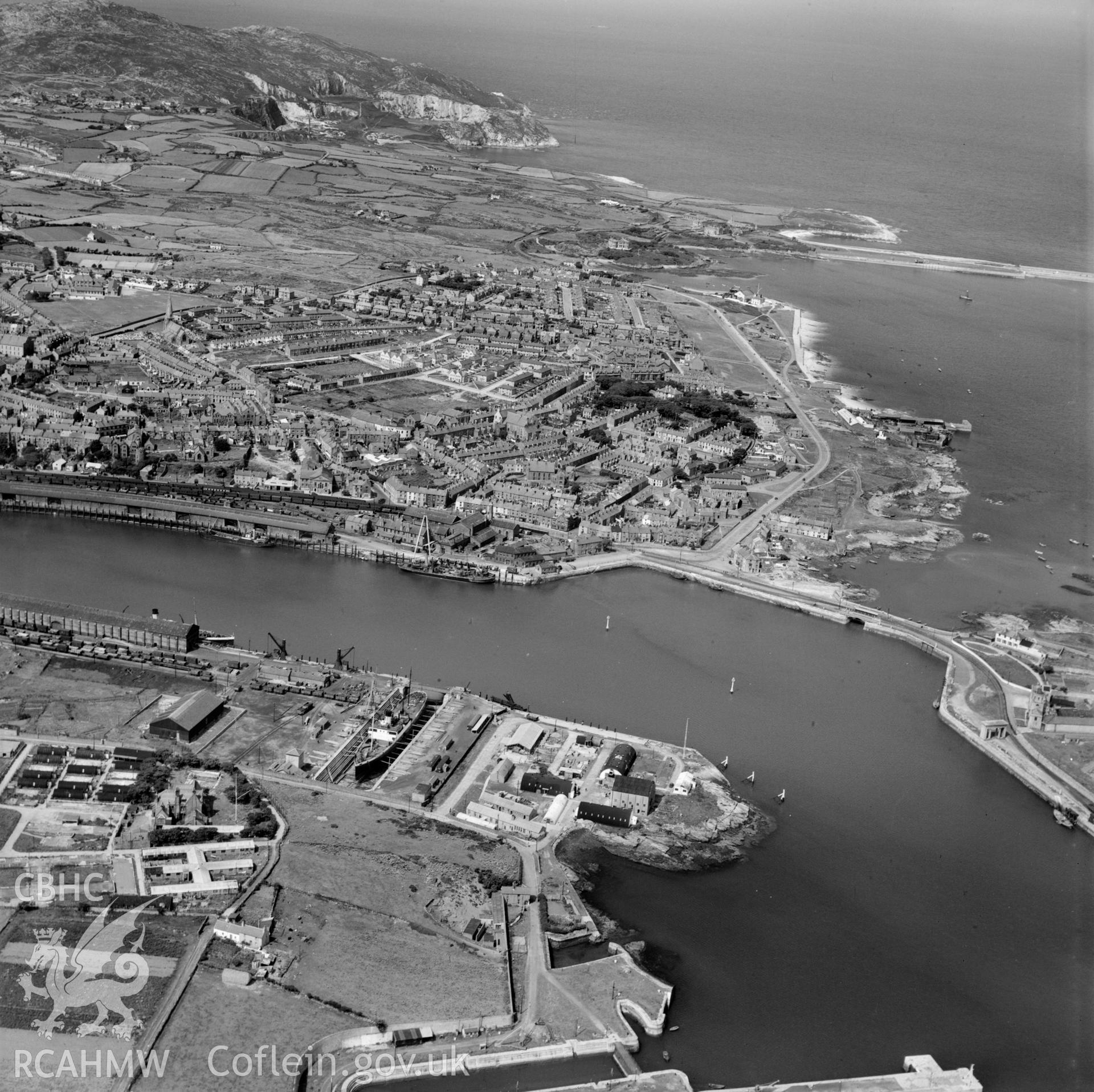 View of Holyhead showing port, and nissen huts on Turkey shore (foreground)