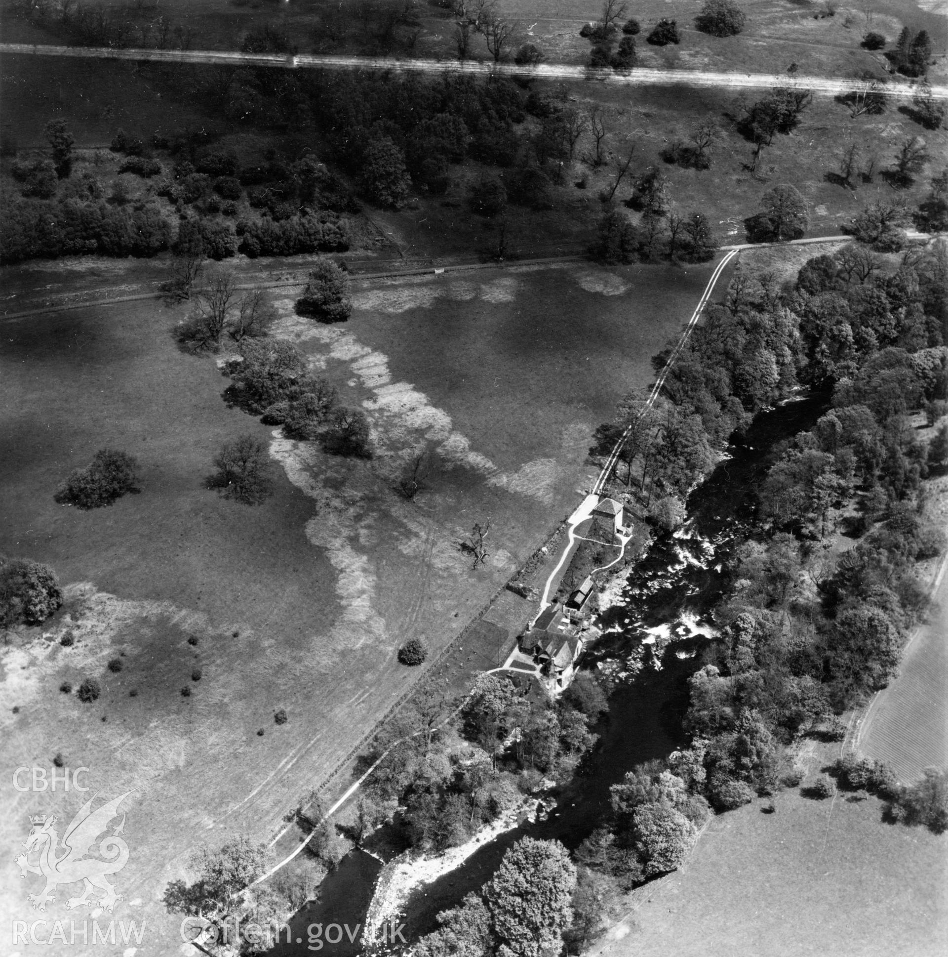 View of Buckland Old Mill, commissioned by Sir Roy Fedden. Oblique aerial photograph, 5?" cut roll film.