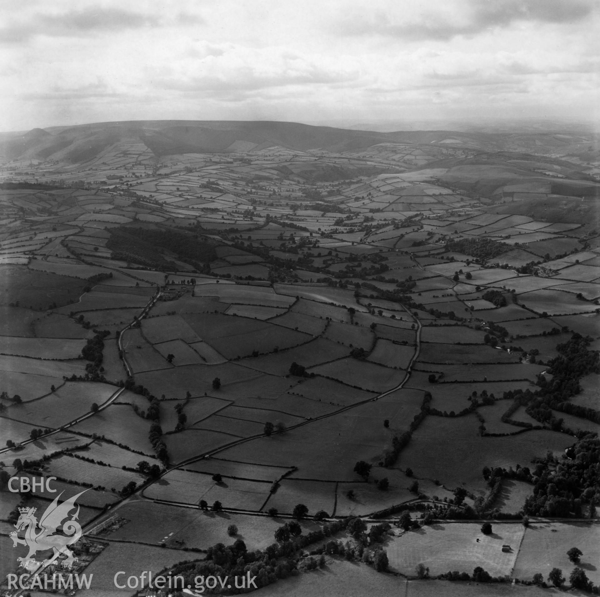 View of Rodd, Lugg Valley, looking west, commissioned by Lord Renner. Oblique aerial photograph, 5?" cut roll film.