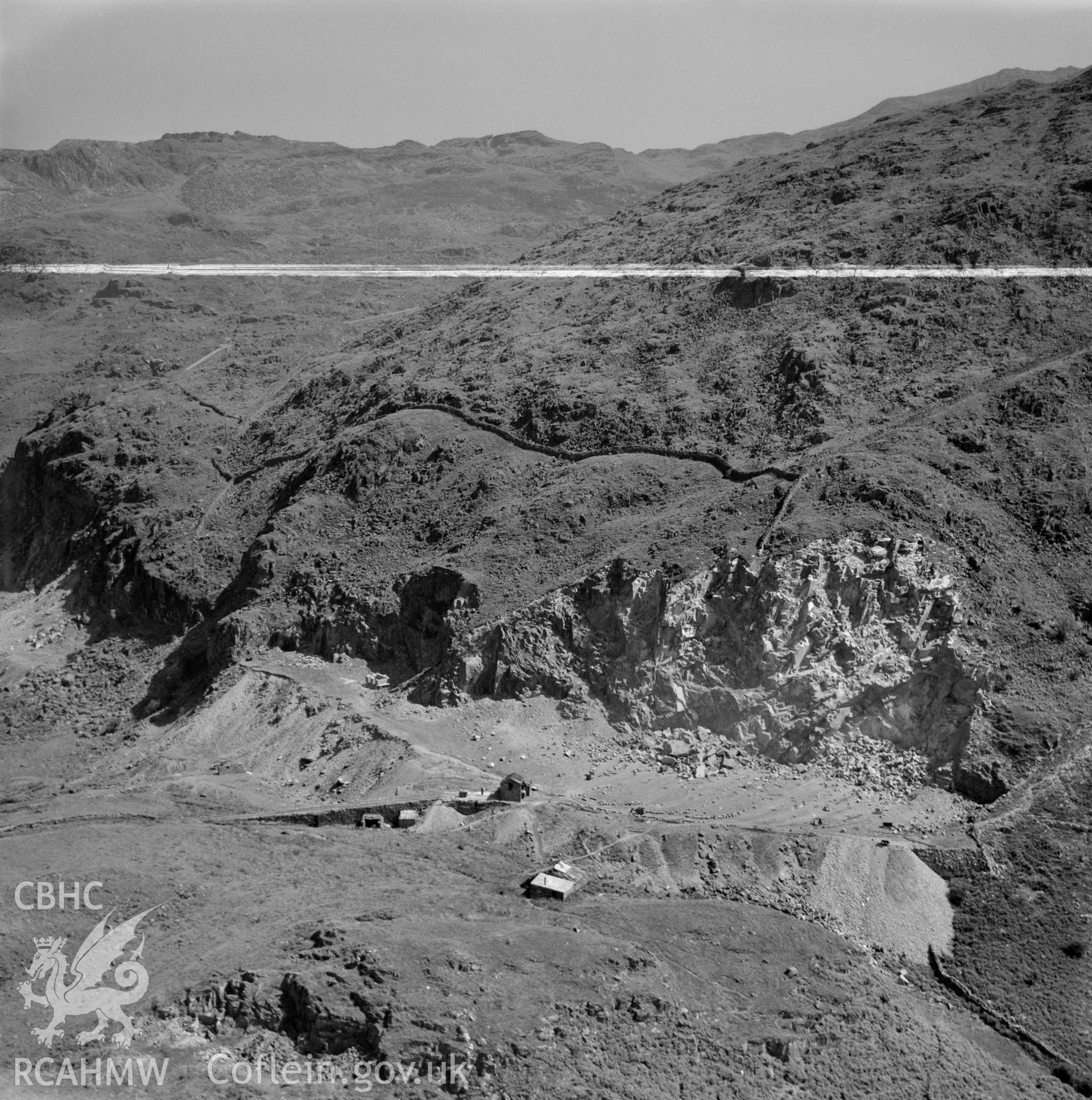 View of Madoc quarry, Blaenau Ffestiniog, commissioned by Cawood Wharton & Co. Ltd.. Oblique aerial photograph, 5?" cut roll film.