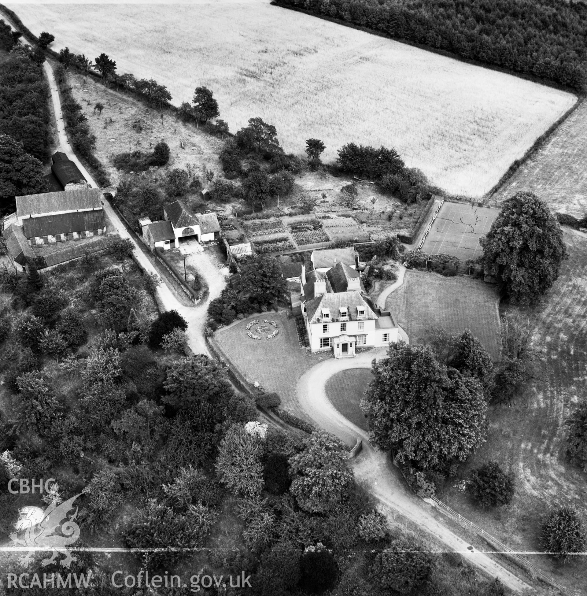 View of Rockfield Park and grounds, commissioned by D.H.Lloyd Esq., Bedford Cottage, Bury Road, Newmarket. Oblique aerial photograph, 5?" cut roll film.