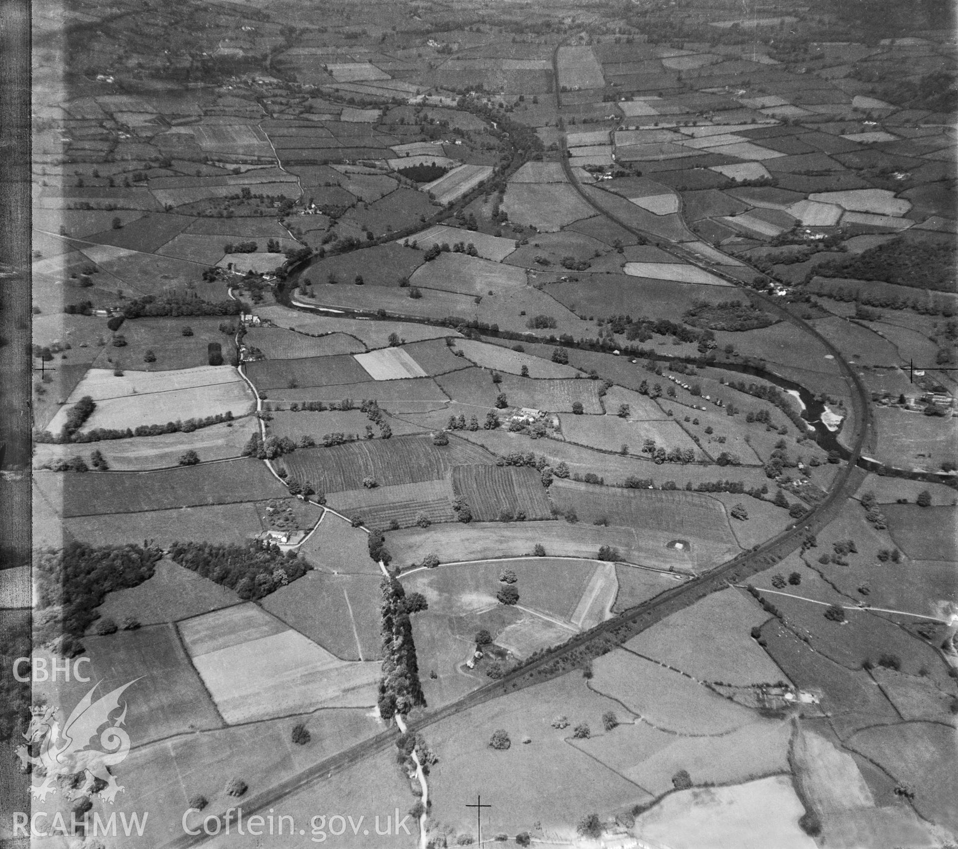 View of landscape south of Abergavenny showing the railway and river Usk