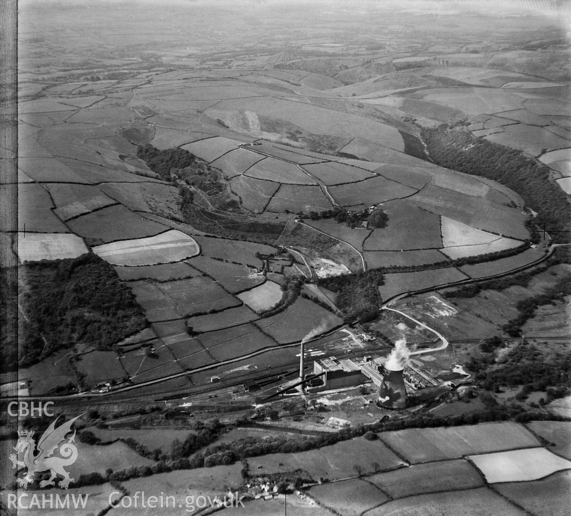 View labelled "South Wales Electric Power Co Bridgend Site", showing Llynfi Valley Power station with camoflaged cooling tower.