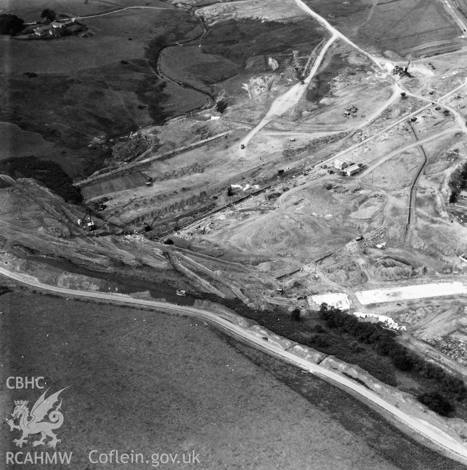 View of site during the construction of Usk Reservoir. Oblique aerial photograph, 5?" cut roll film.