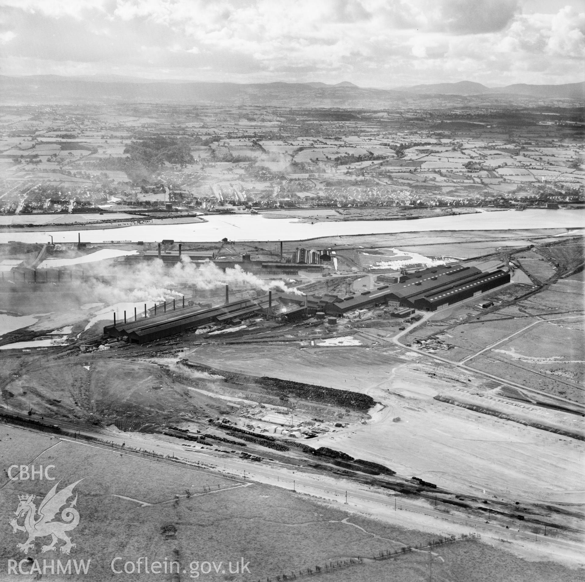 View of the Shotton steelworks site (commissioned by Westminster Dredging Co.). Oblique aerial photograph, 5?" cut roll film.