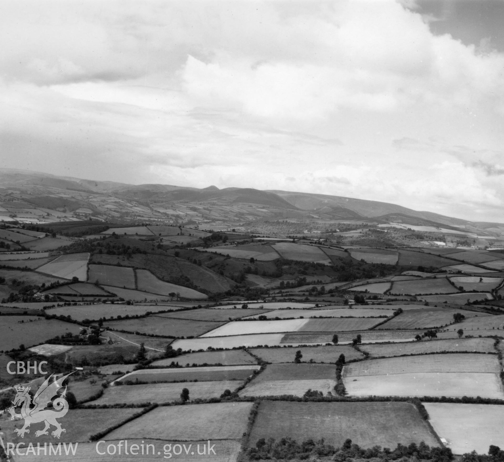 View of landscape near Llandegley. Oblique aerial photograph, 5?" cut roll film.