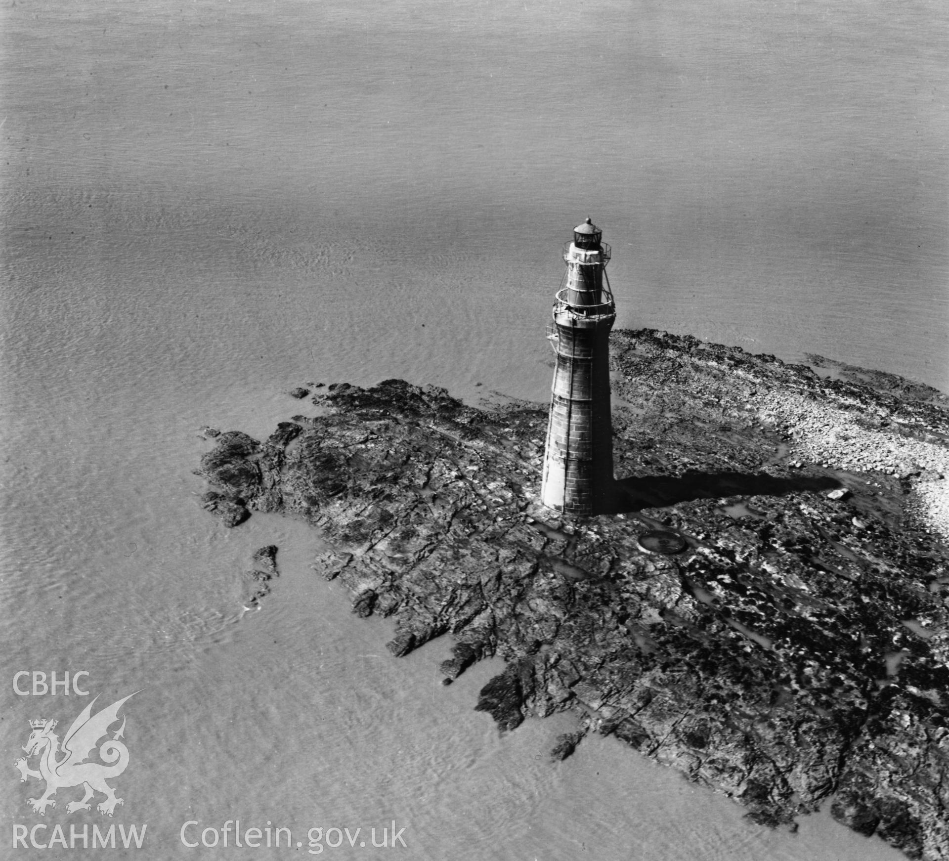 View of Monkstone Lighthouse, Bristol Channel. Oblique aerial photograph, 5?" cut roll film.
