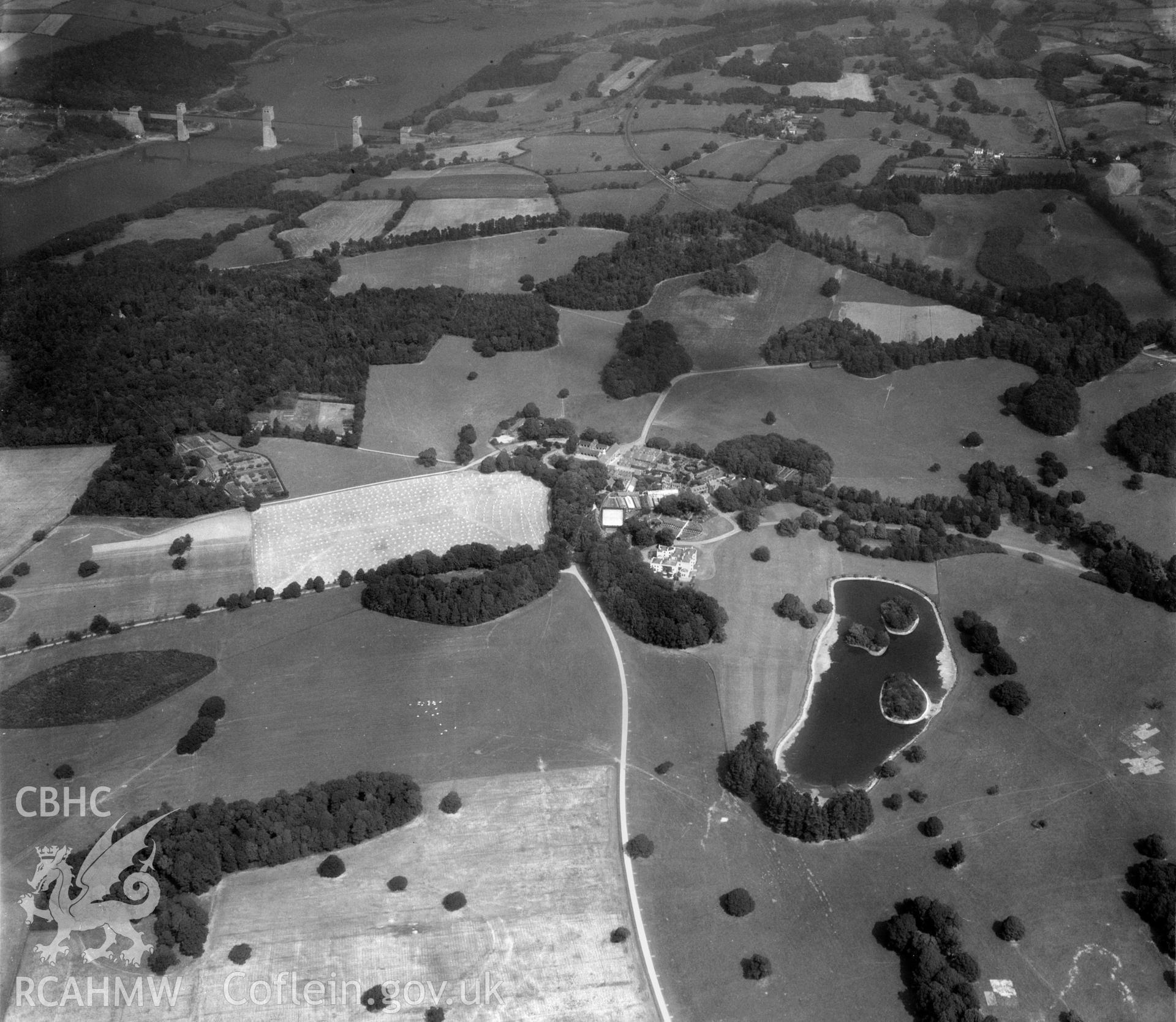View of Vaynol Hall, estate buildings and parkland