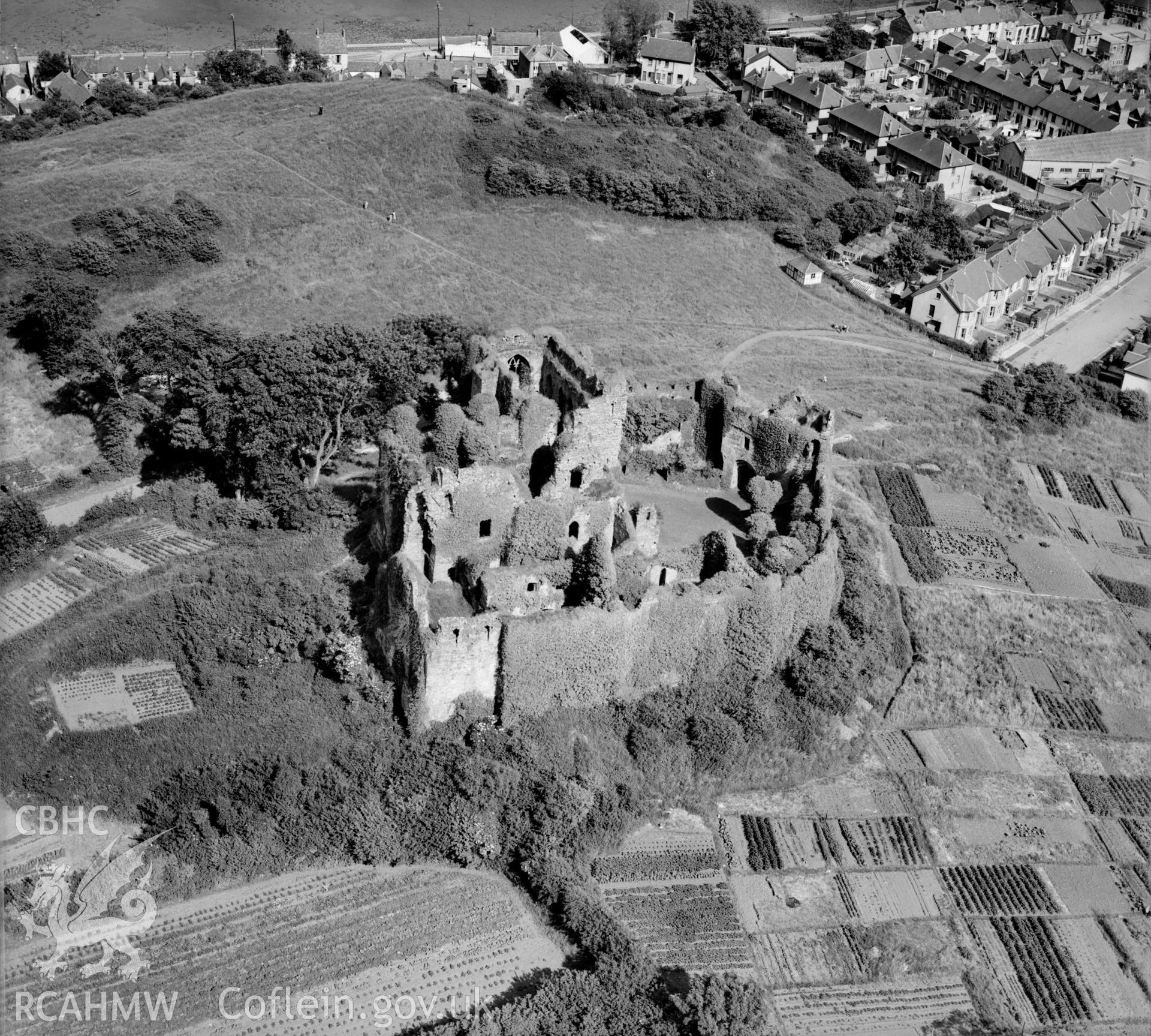 View of Oystermouth castle showing allotment gardens