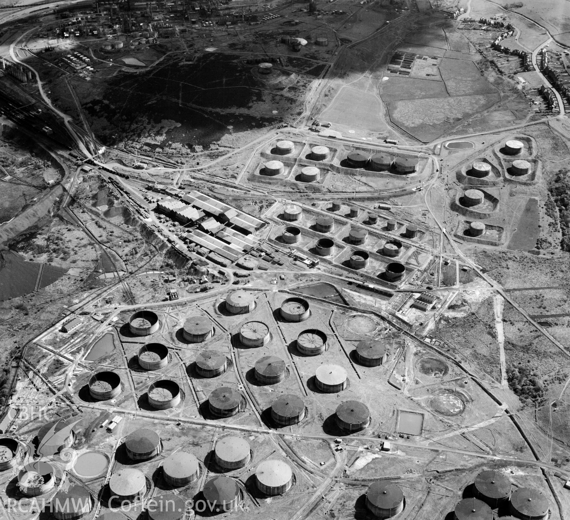 View of Llandarcy Anglo Iranian oil refinery.  A target for enemy bombers during World War 2, note the buildings still retain their wartime camouflage.