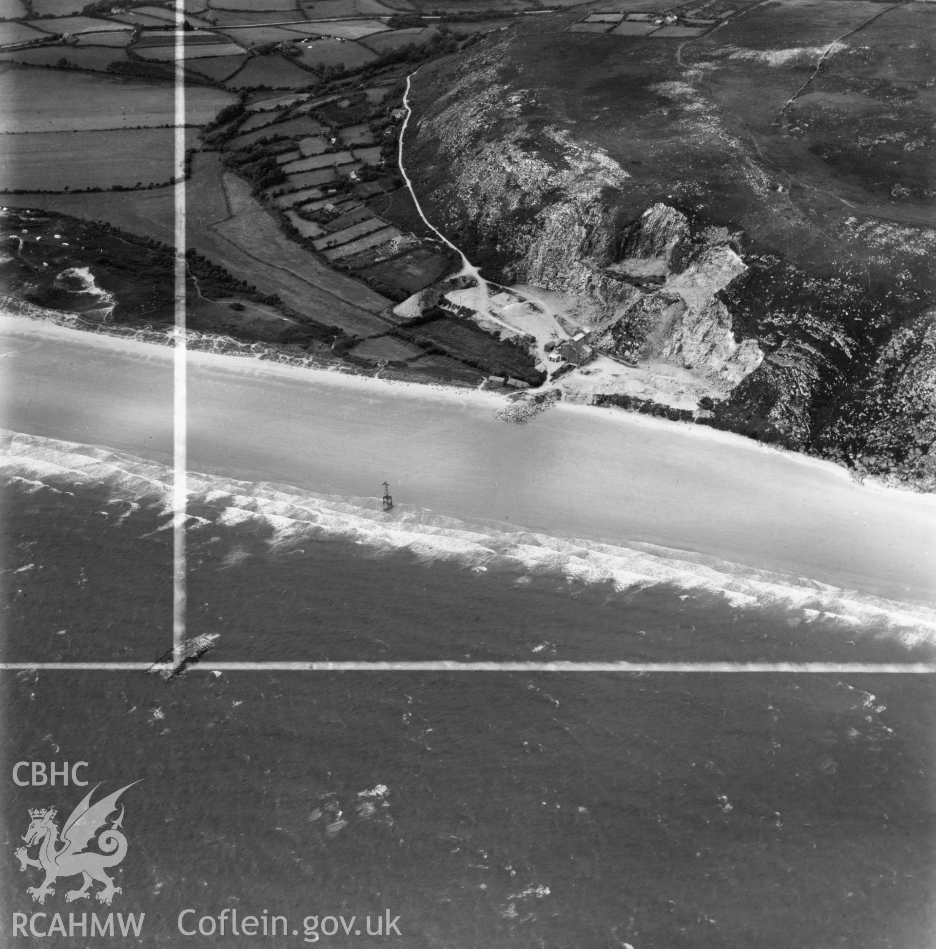 View of Llanbedrog quarry, showing aerial ropeway, commissioned by Cawood Wharton & Co. Ltd.. Oblique aerial photograph, 5?" cut roll film.