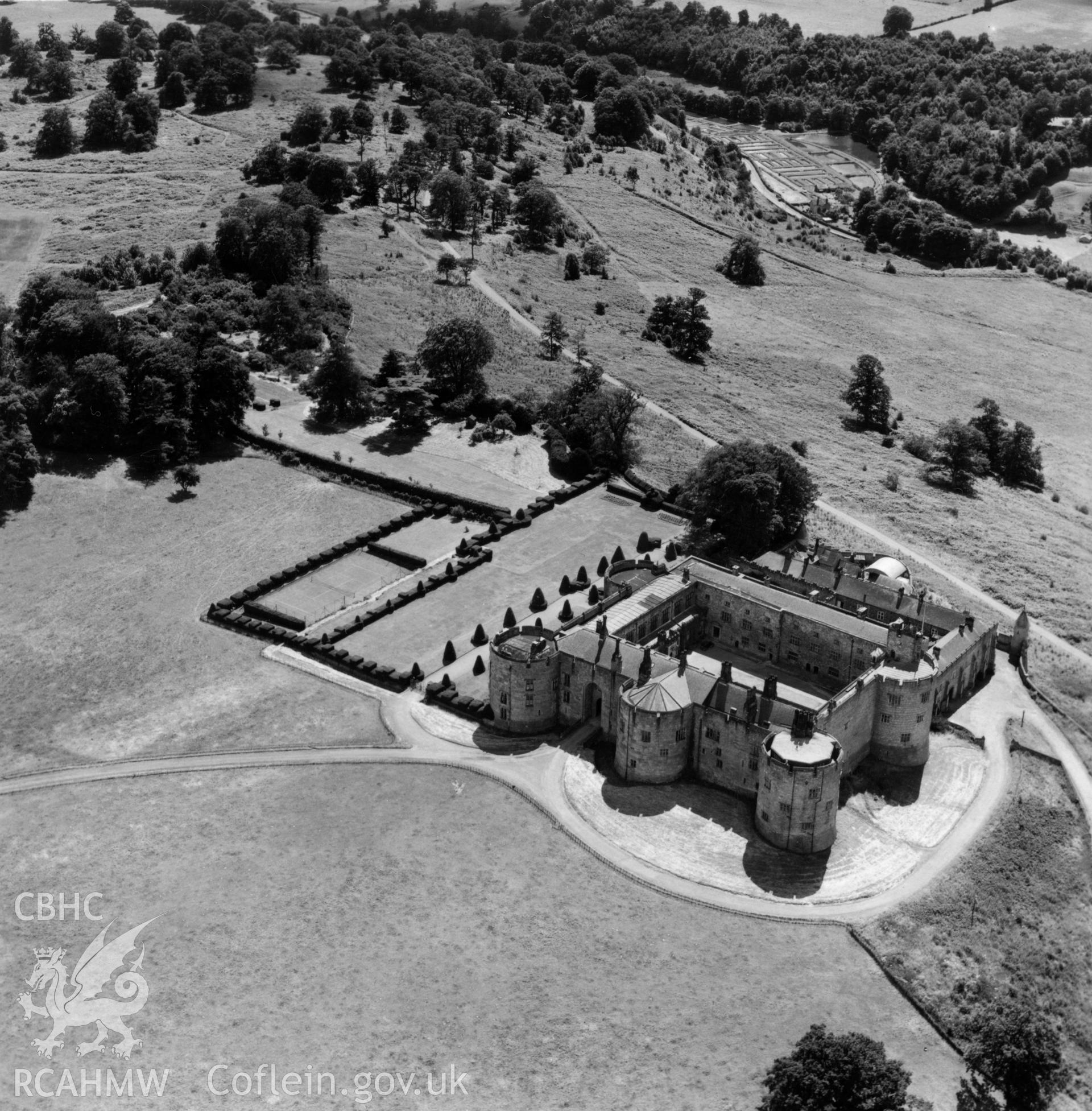 View of Chirk Castle and grounds. Oblique aerial photograph, 5?" cut roll film.