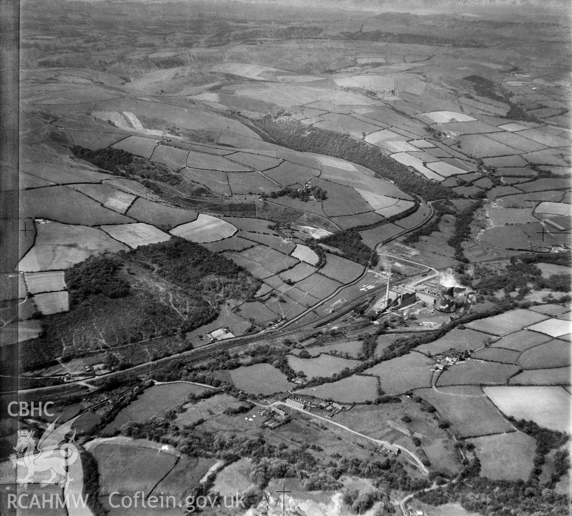 View labelled "South Wales Electric Power Co Bridgend Site", showing Llynfi Valley Power station with camoflaged cooling tower.
