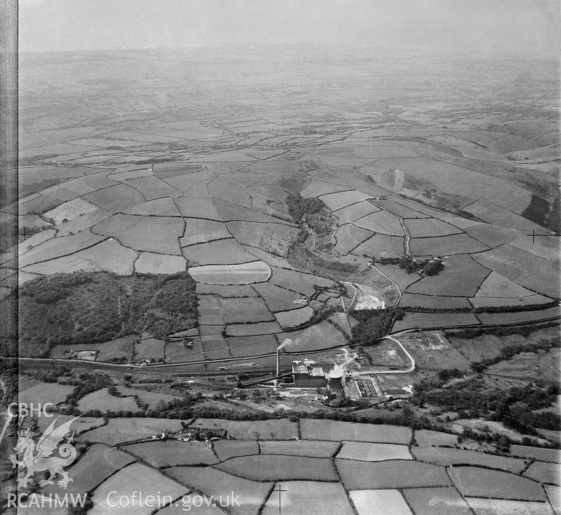 View labelled "South Wales Electric Power Co Bridgend Site", showing Llynfi Valley Power station with camoflaged cooling tower.