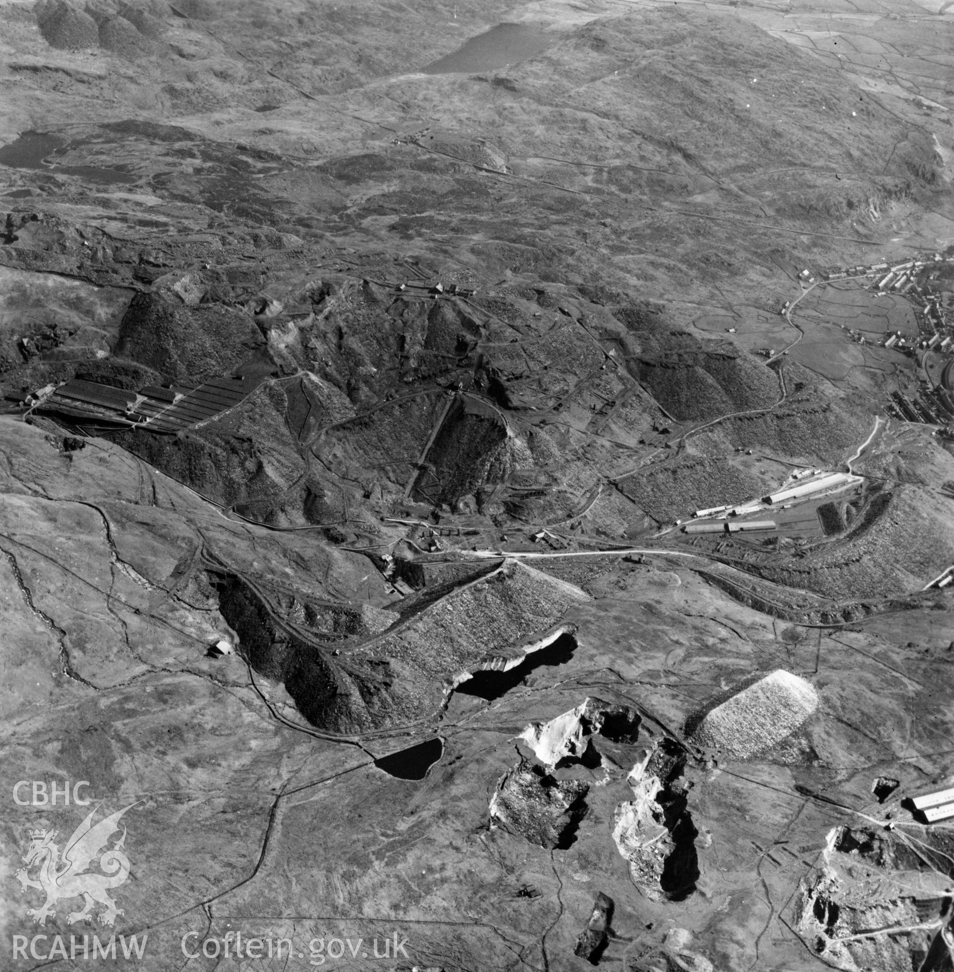 View of Maenofferen slate quarry, commissioned by Oakley Slate quarries Co. Ltd.. Oblique aerial photograph, 5?" cut roll film.