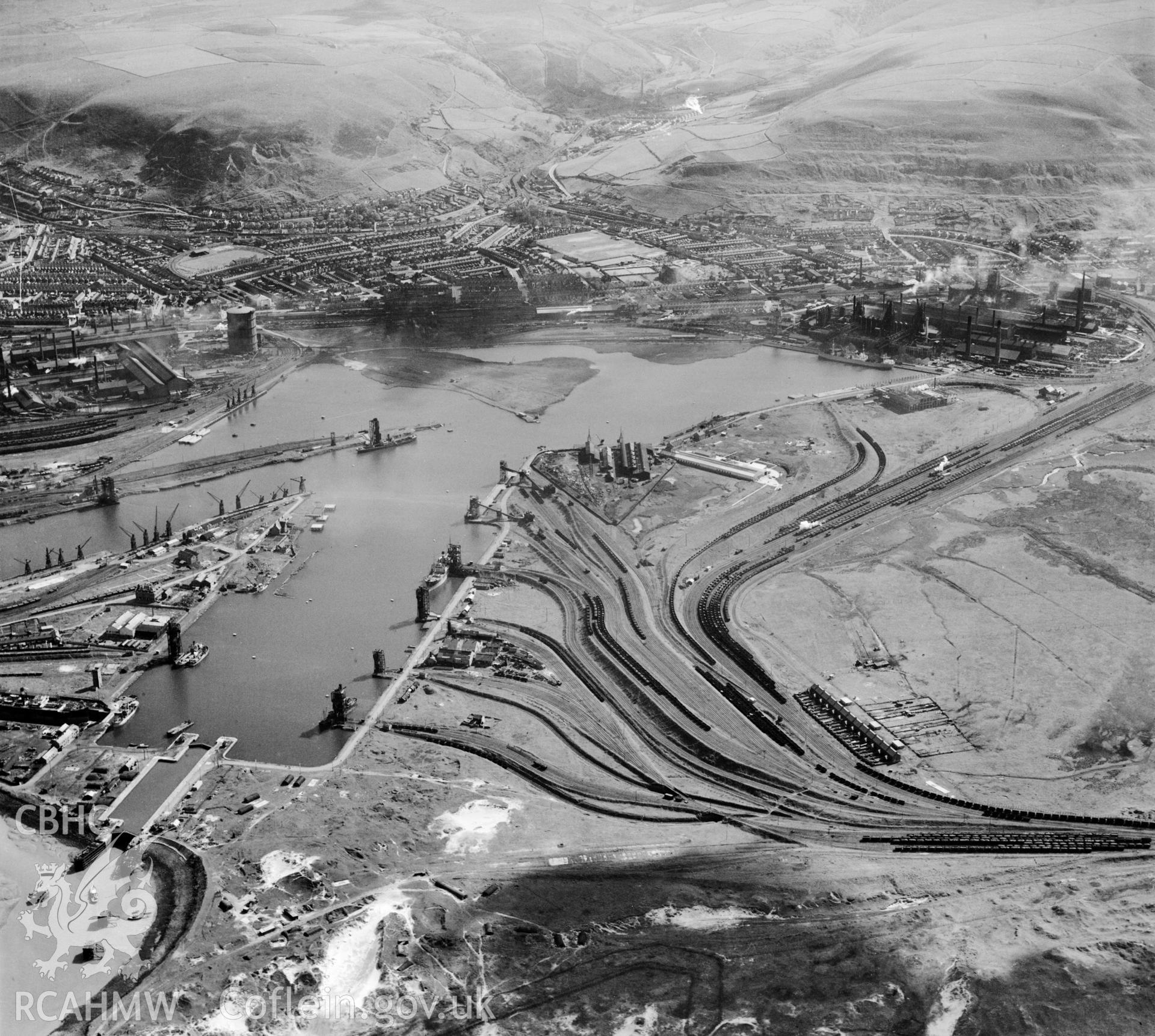 General view of Port Talbot showing docks