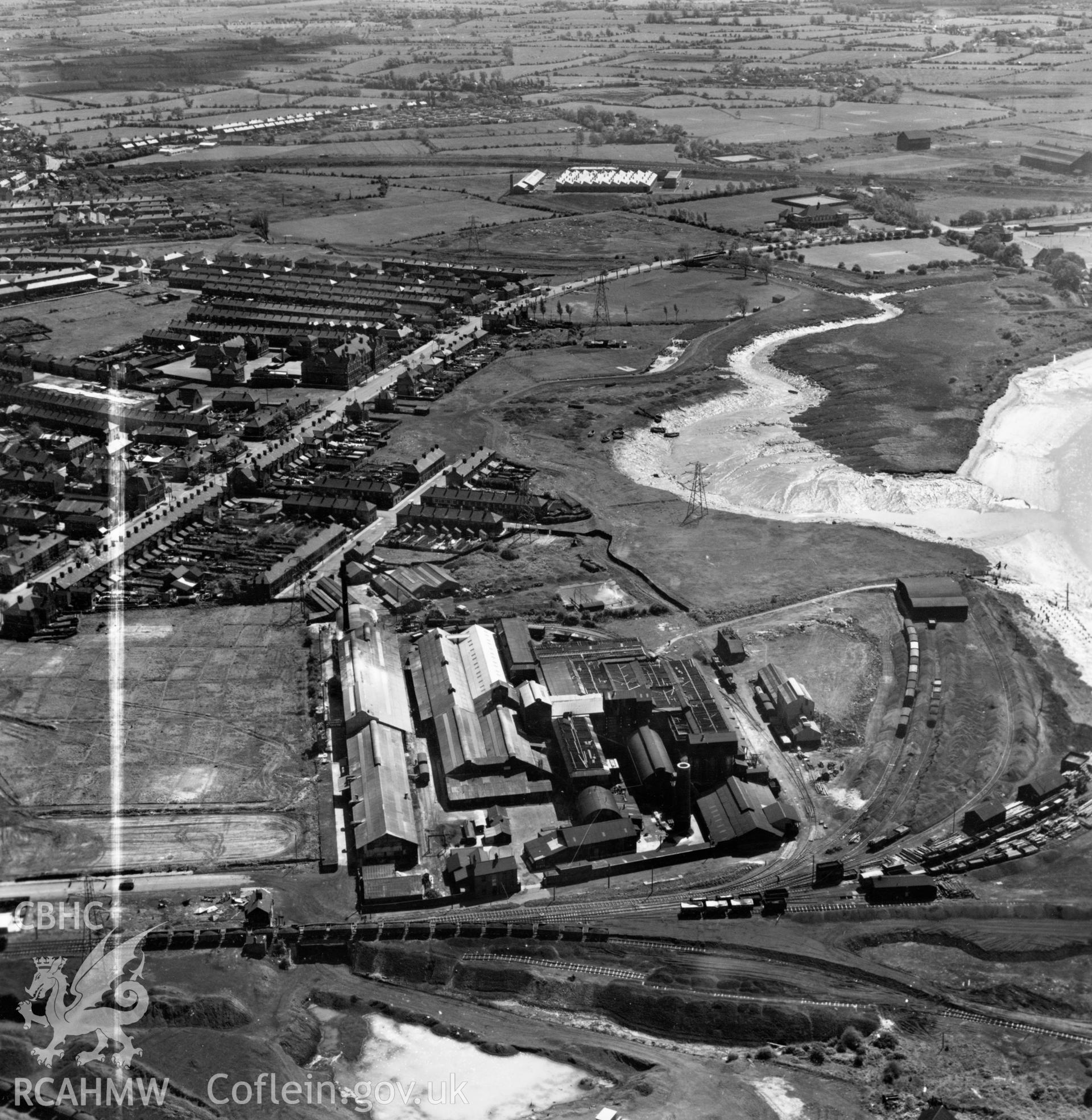 View of the British Glues and Chemicals works, Newport. Oblique aerial photograph, 5?" cut roll film.
