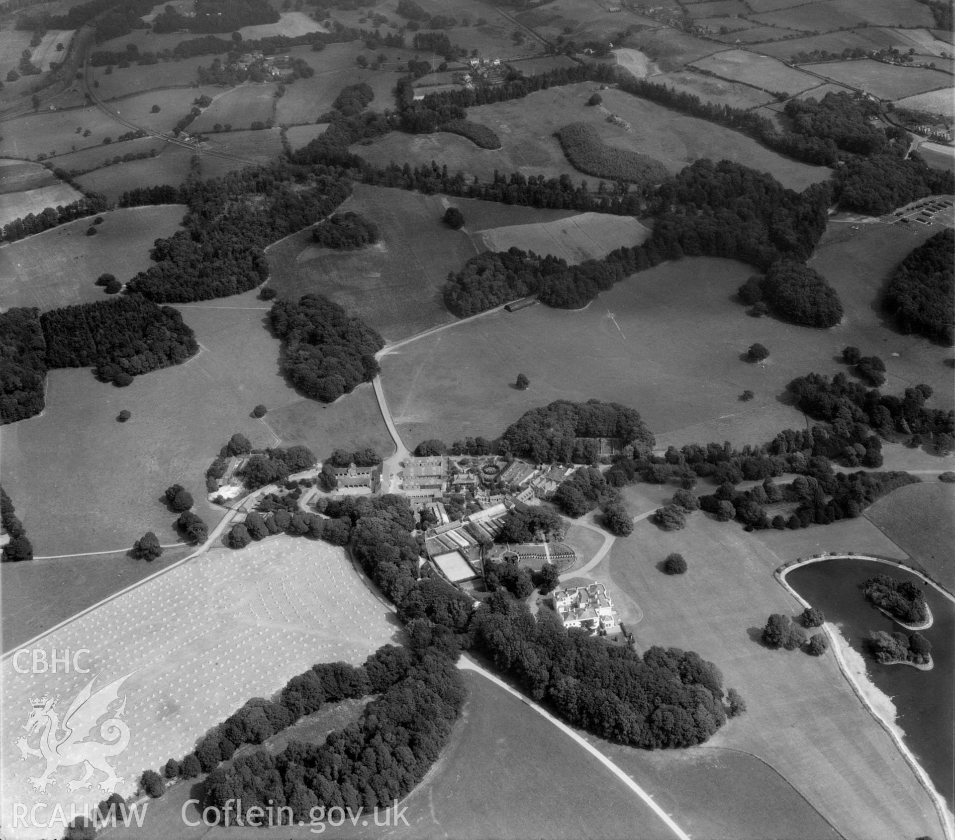 View of Vaynol Hall, estate buildings and parkland