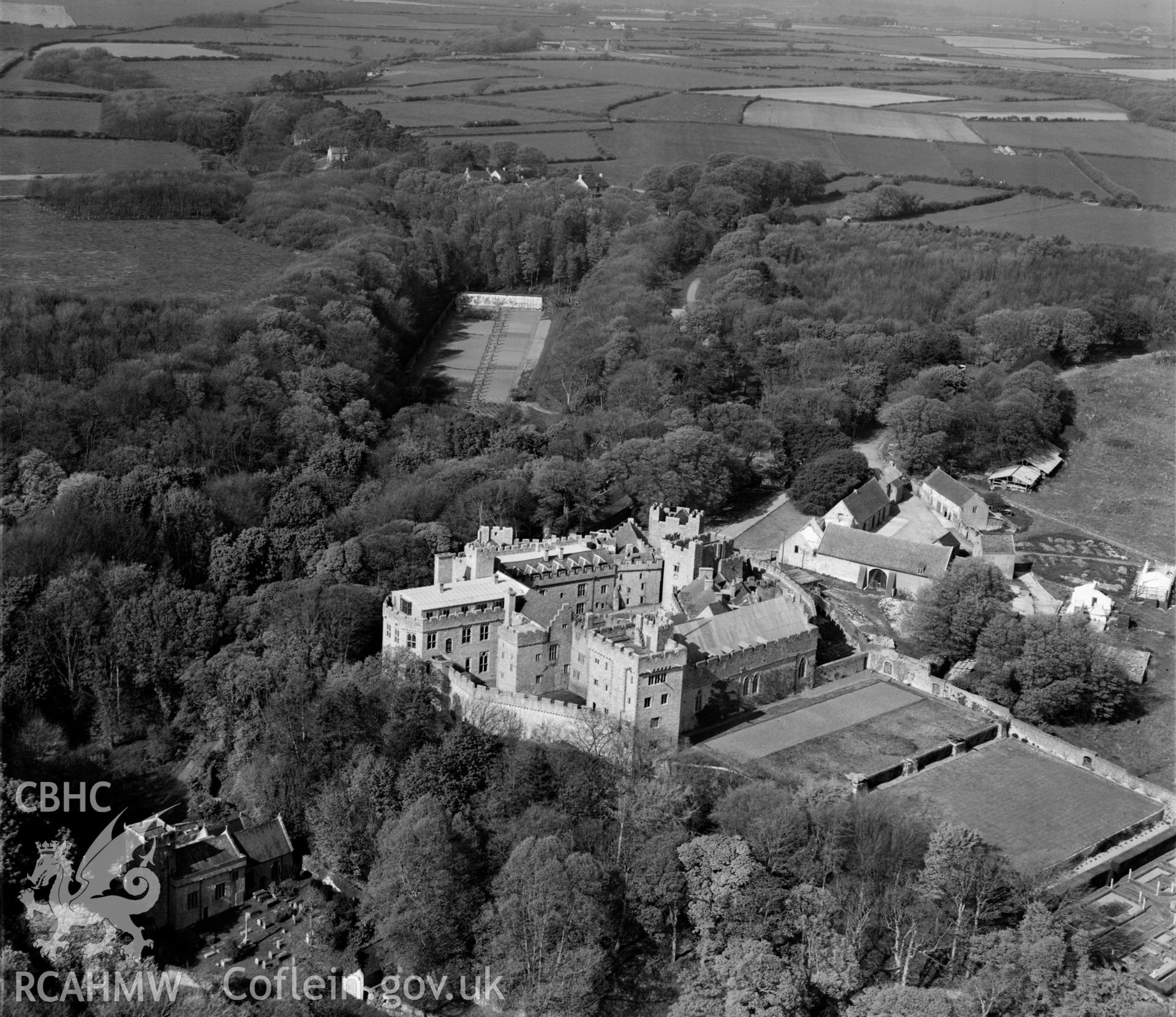 View of St Donat's castle showing church in foreground
